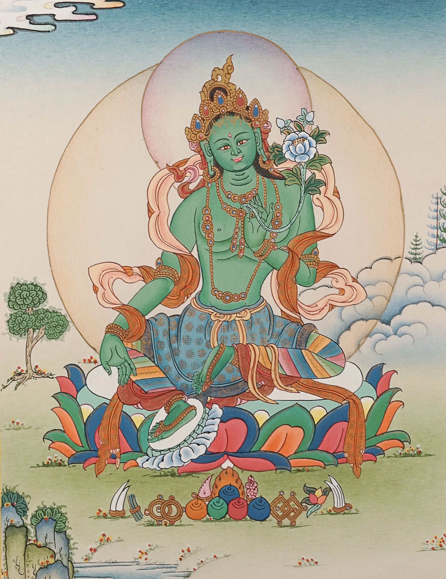 Green Tara Thangka Painting for wall hanging decor.