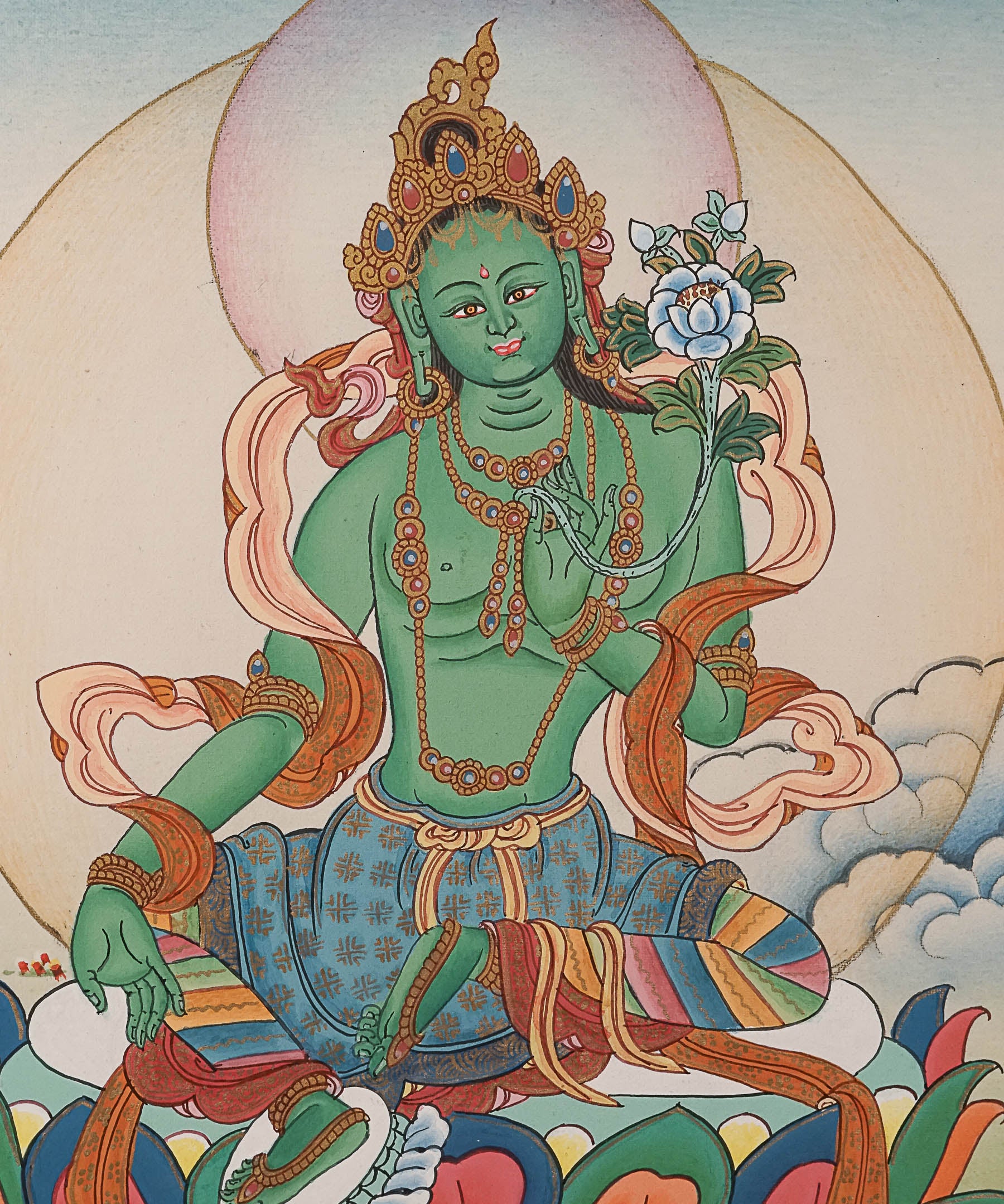 Green Tara Thangka Painting for wall hanging decor.