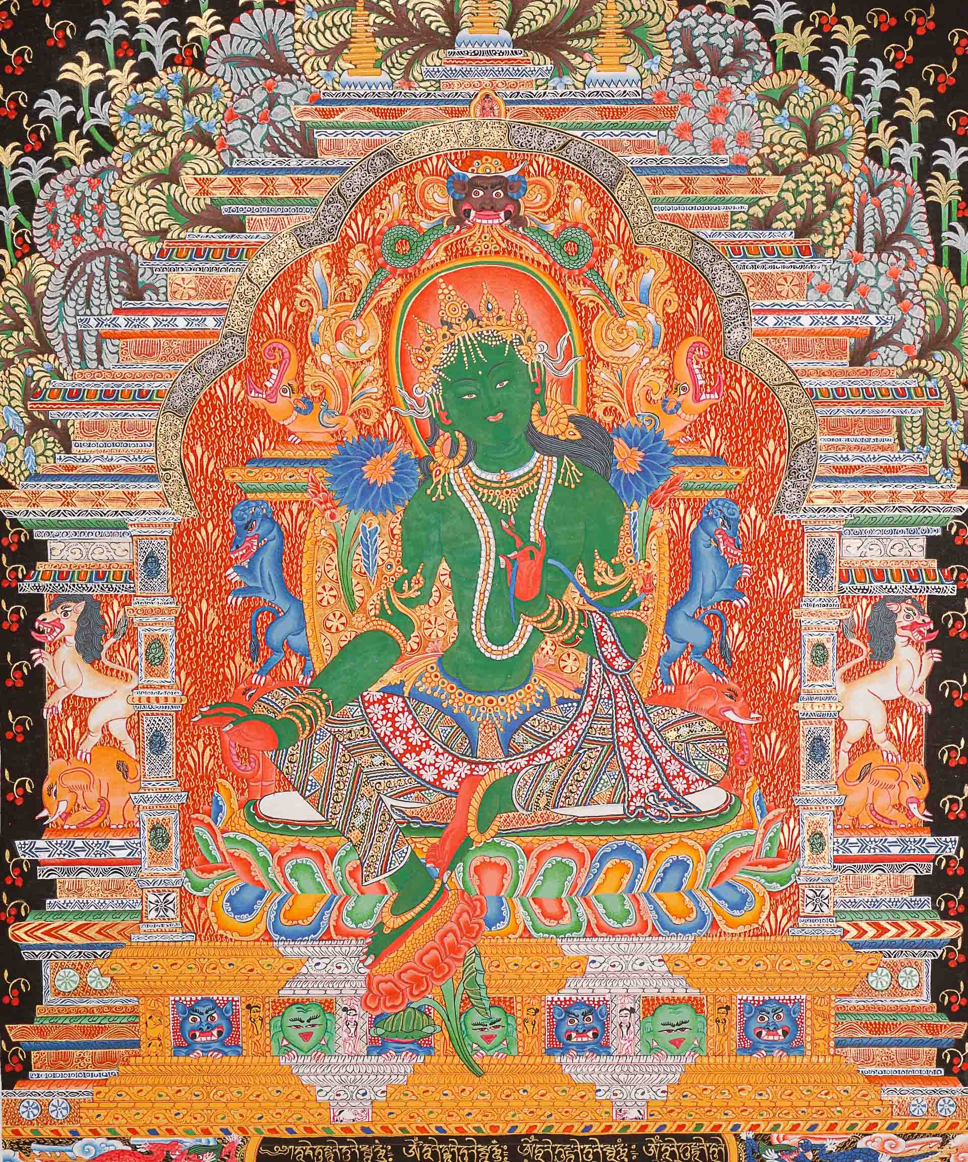 Green Tara (Temple) Thangka Painting - Cotton Canvas Painting