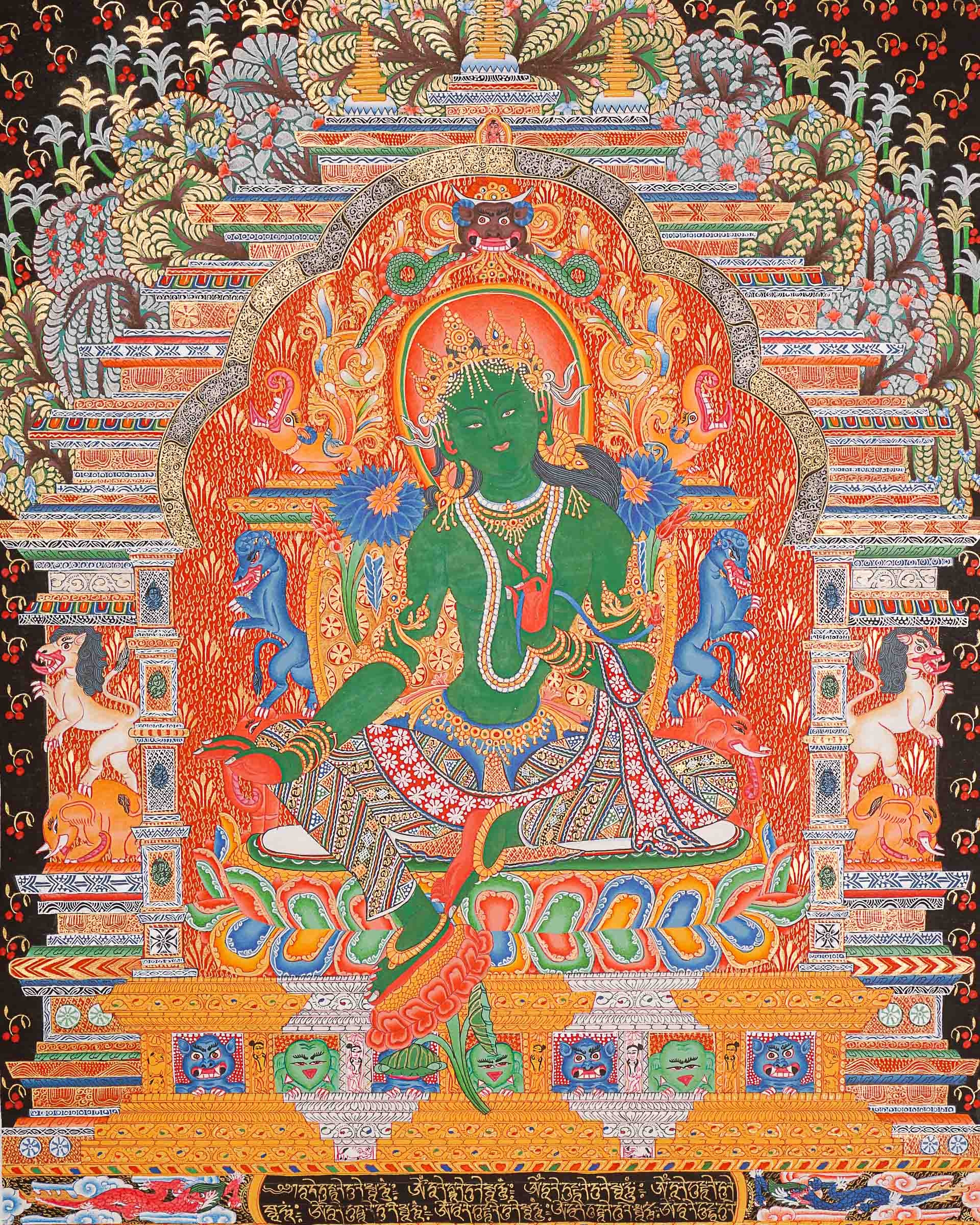 Green Tara (Temple) Thangka Painting - Cotton Canvas Painting