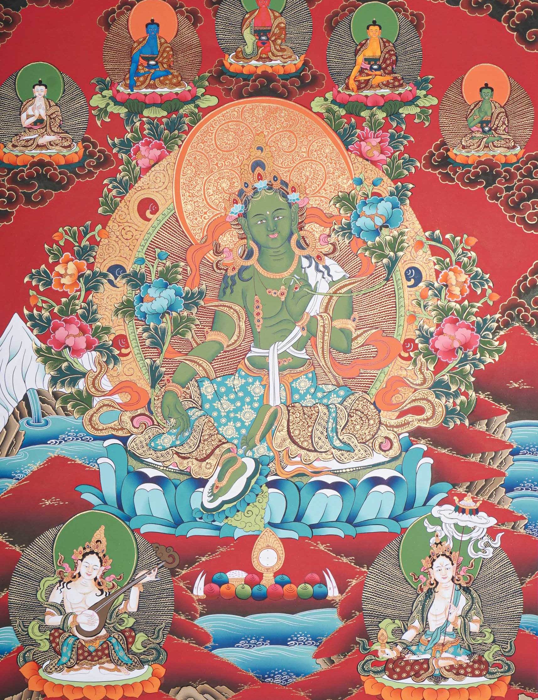 Green Tara Thangka Painting for prayer and meditation.