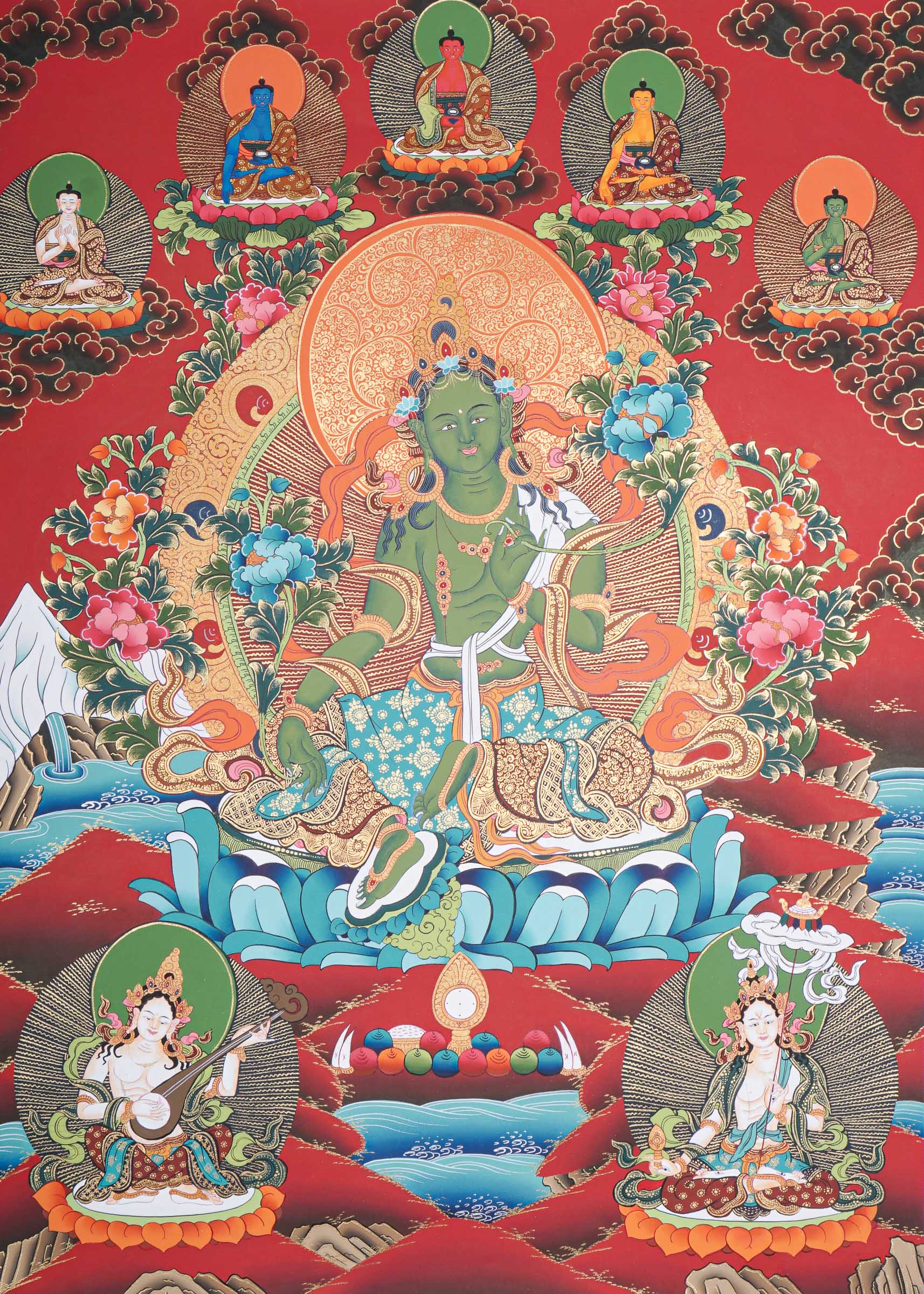 Green Tara Thangka Painting for prayer and meditation.