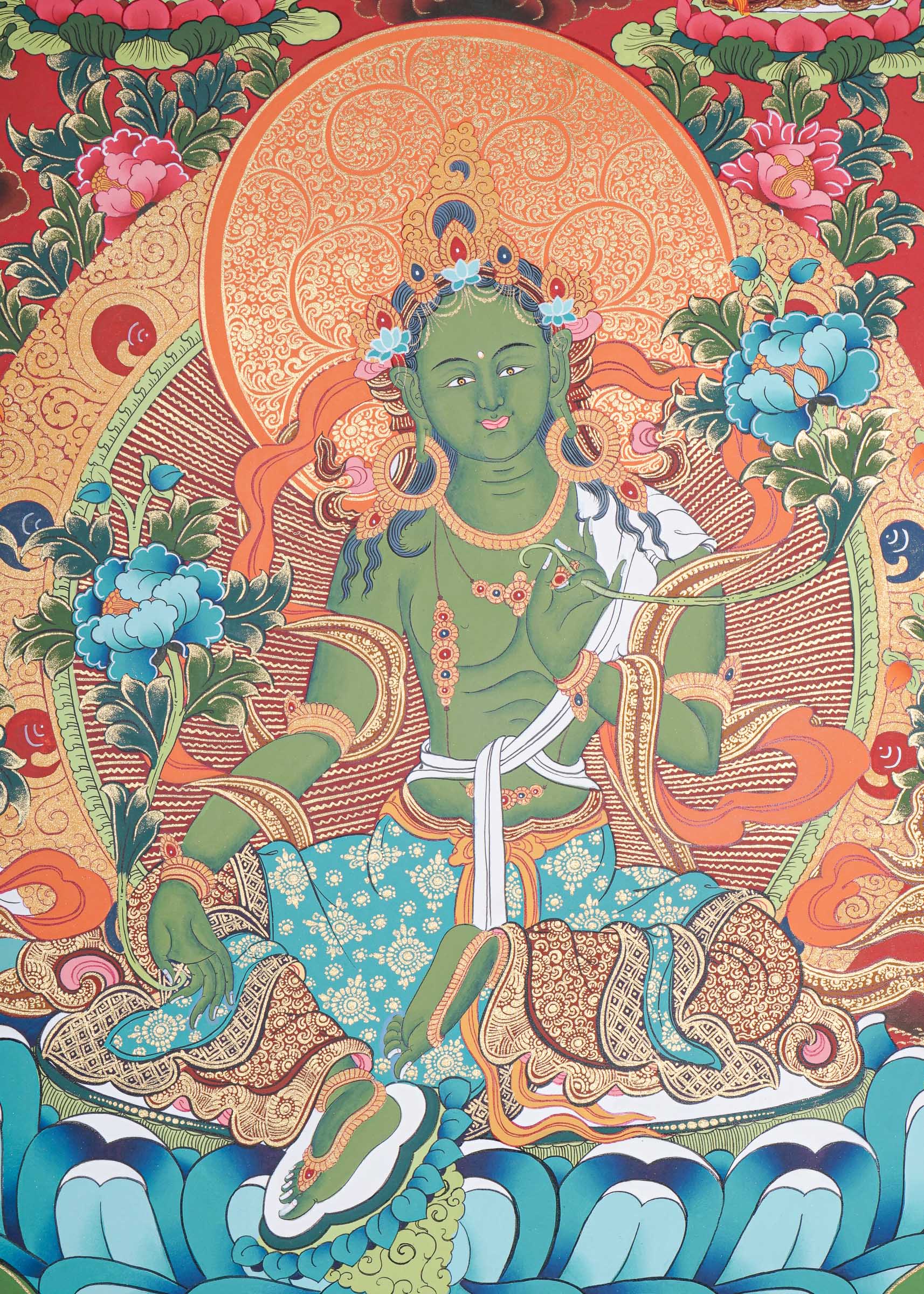 Green Tara Thangka Painting for prayer and meditation.