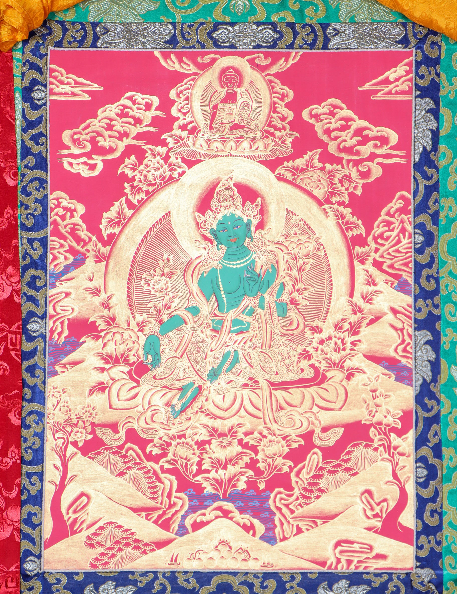 Green Tara Brocade Thangka Painting for meditation.