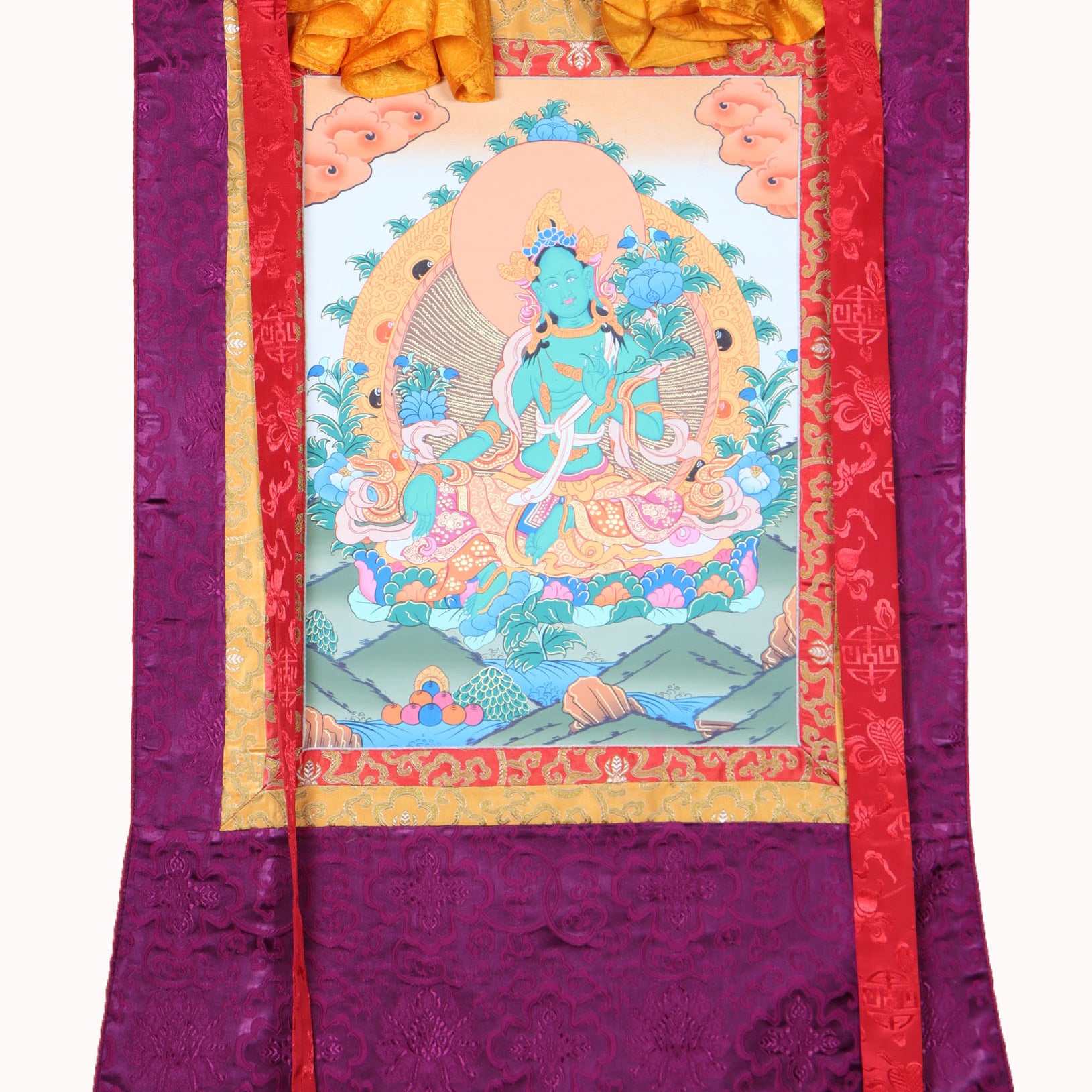 Green Tara Brocade Thangka Painting for religious ceremonies.