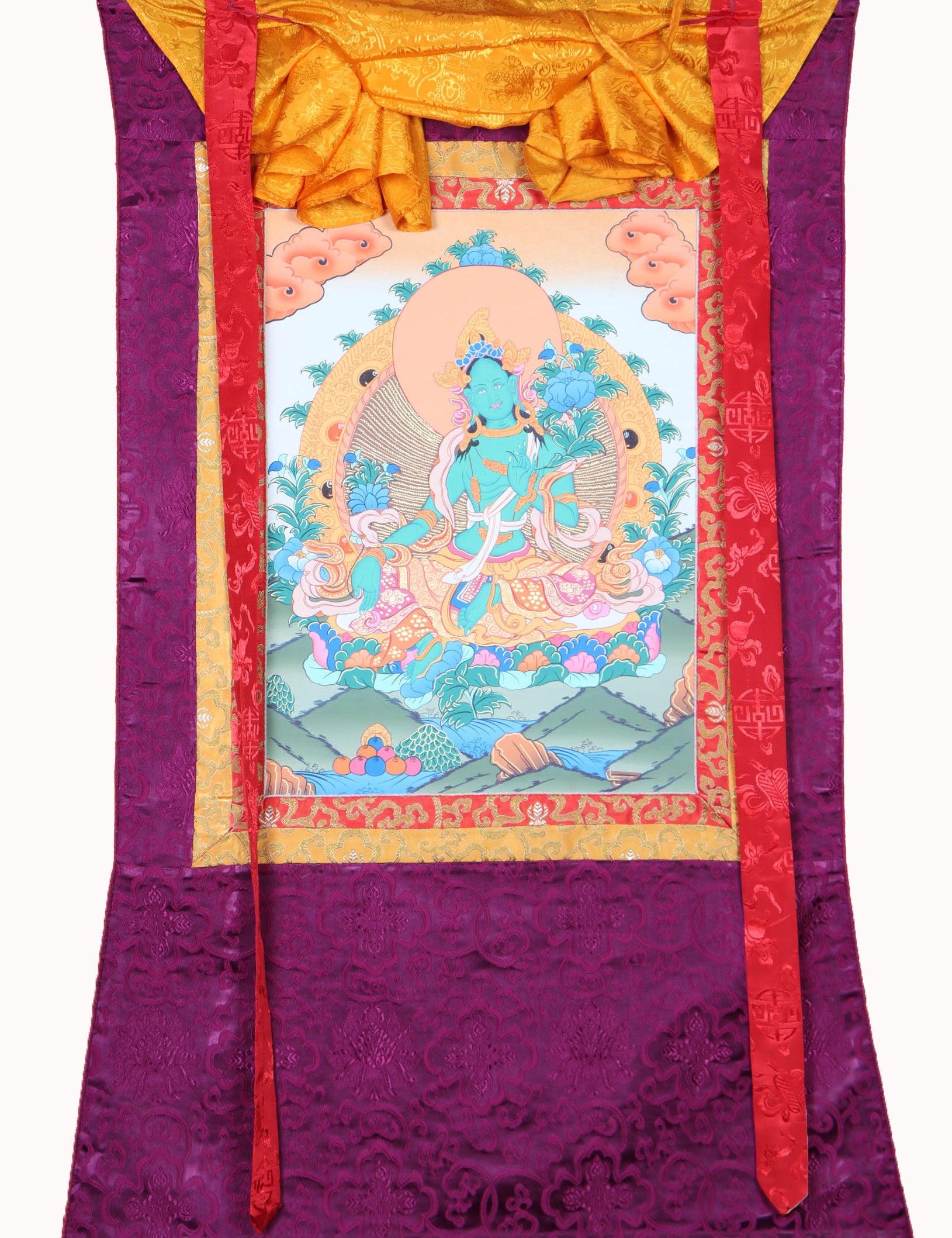 Green Tara Brocade Thangka Painting for religious ceremonies.