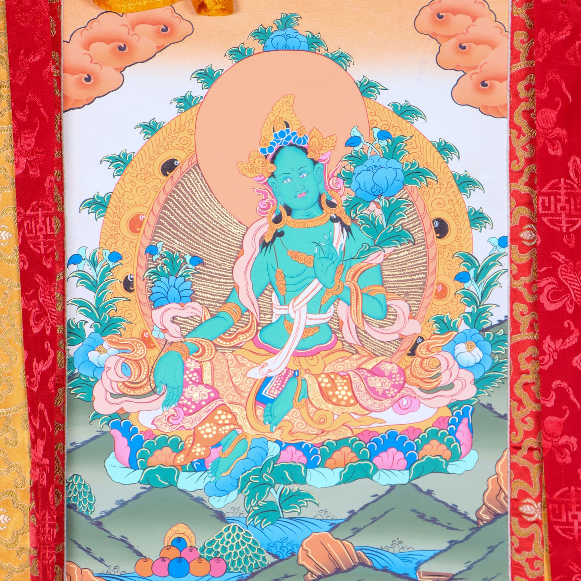 Green Tara Brocade Thangka Painting for religious ceremonies.