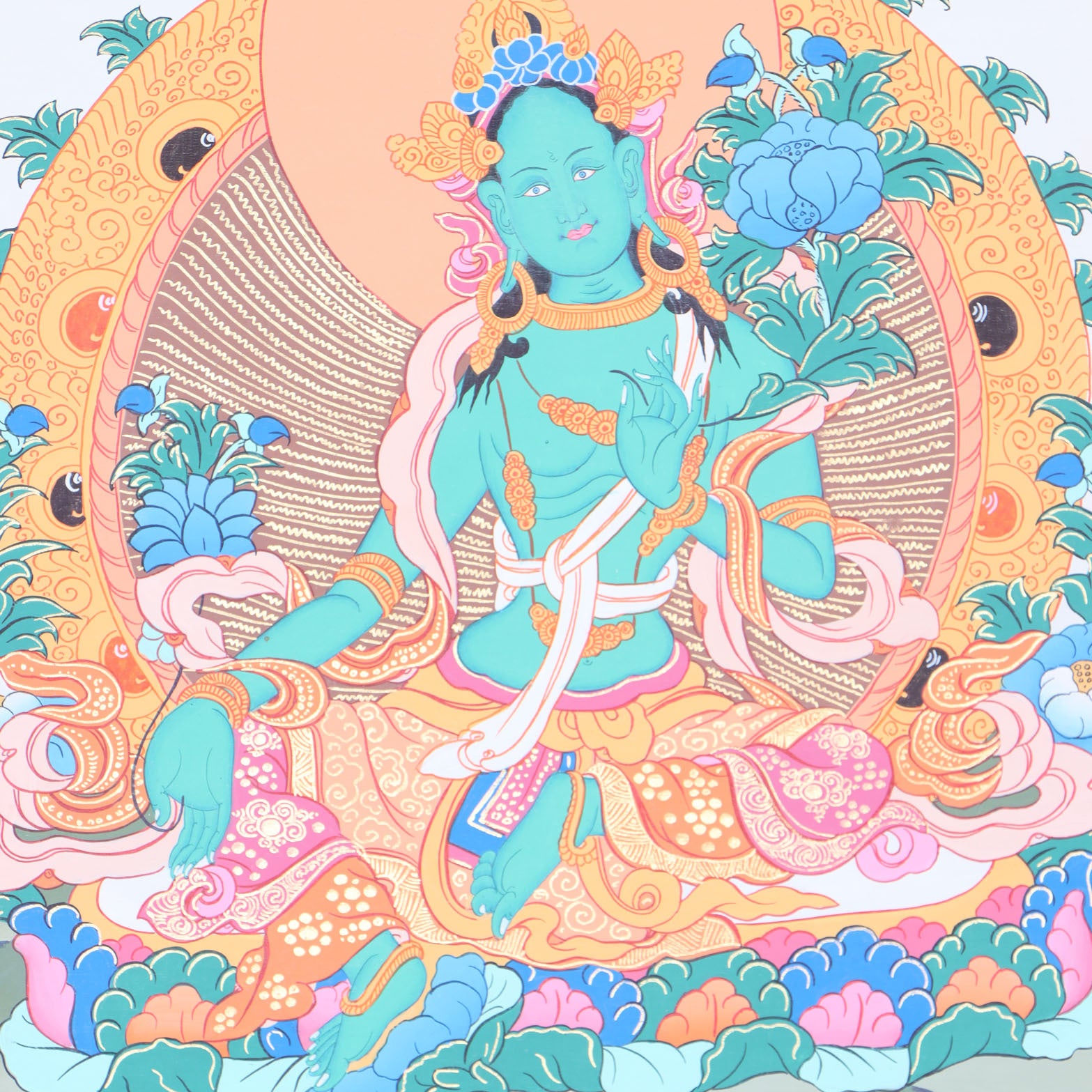 Green Tara Brocade Thangka Painting for religious ceremonies.