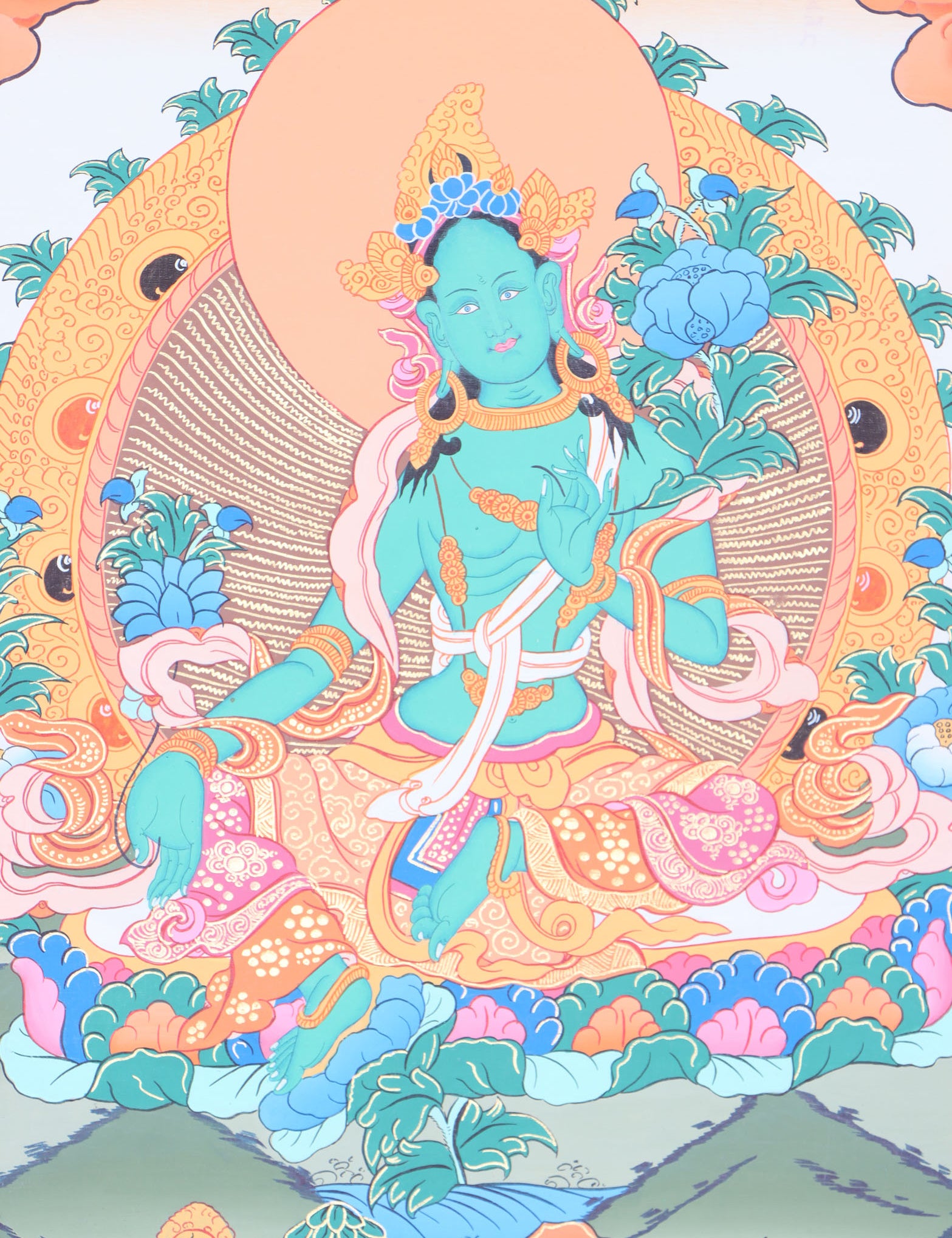 Green Tara Brocade Thangka Painting for religious ceremonies.