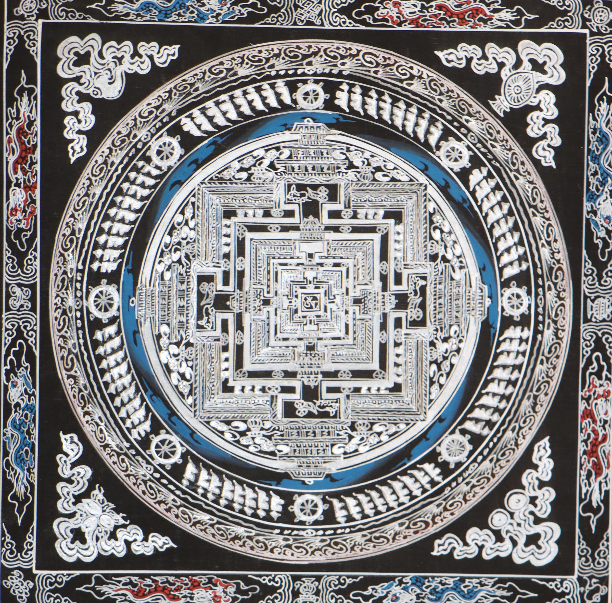 Silver Kalachakra mandala Thangka for meditation altar.