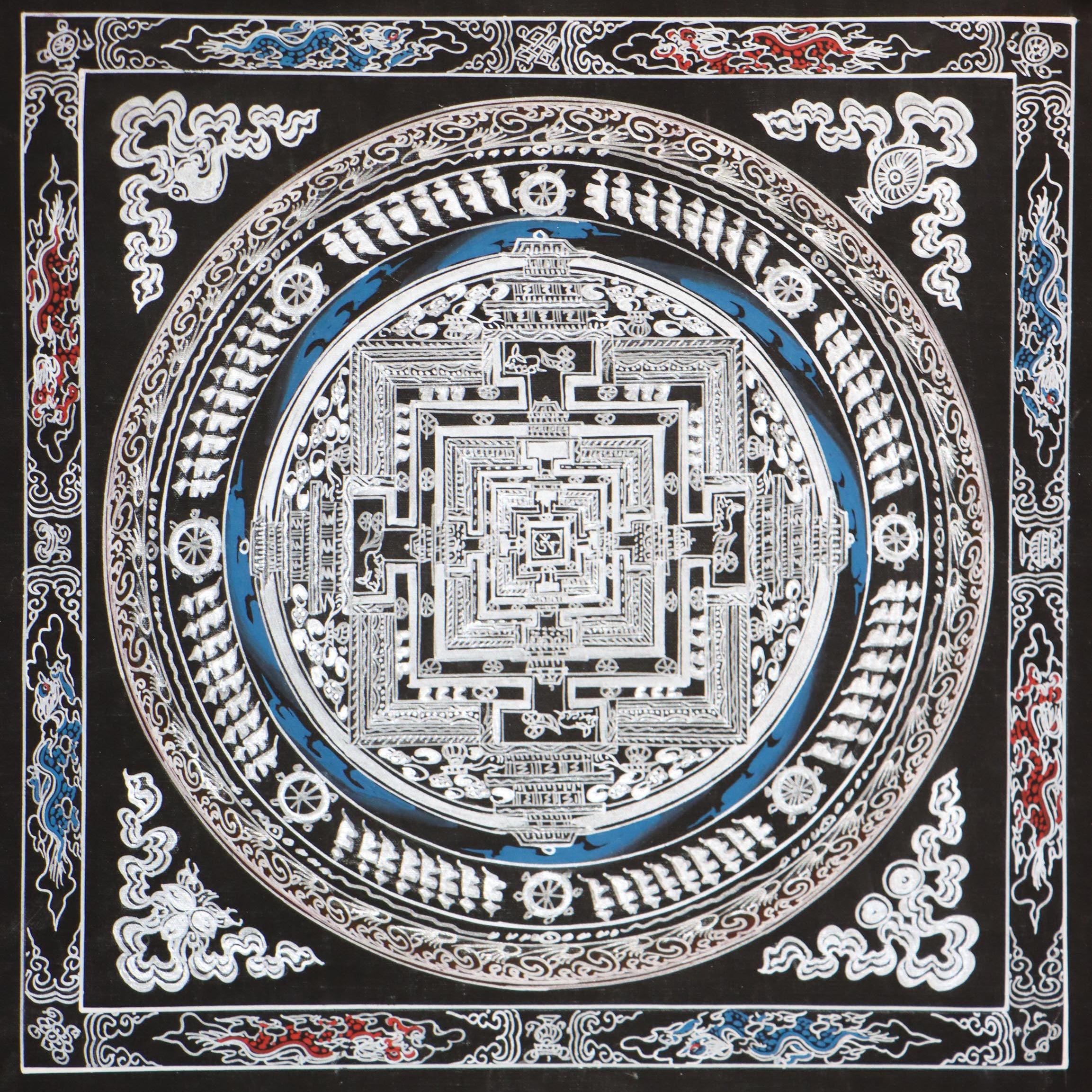 Silver Kalachakra mandala Thangka for meditation altar.