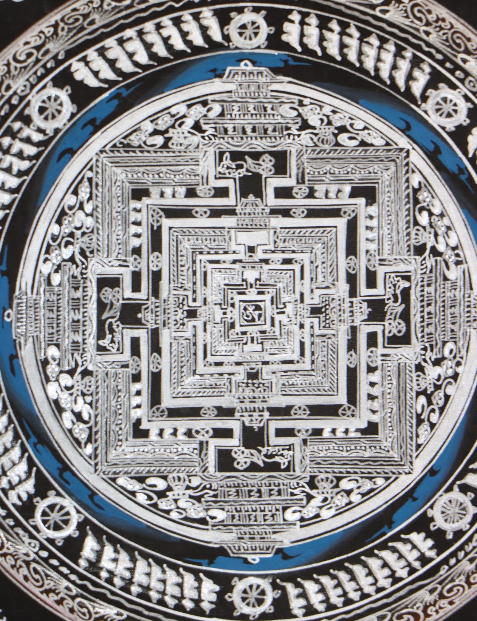 Silver Kalachakra mandala Thangka for meditation altar.