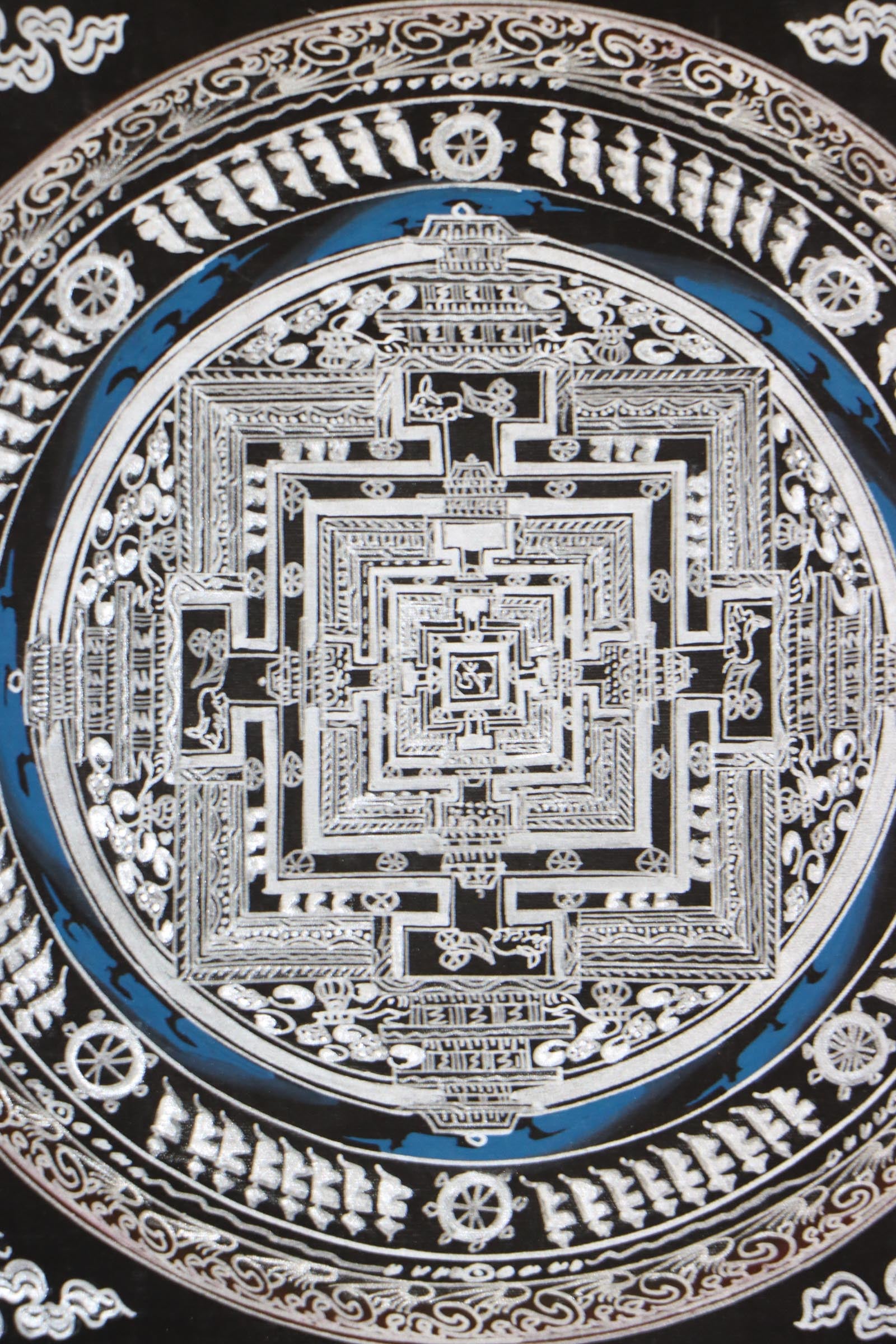 Silver Kalachakra mandala Thangka for meditation altar.