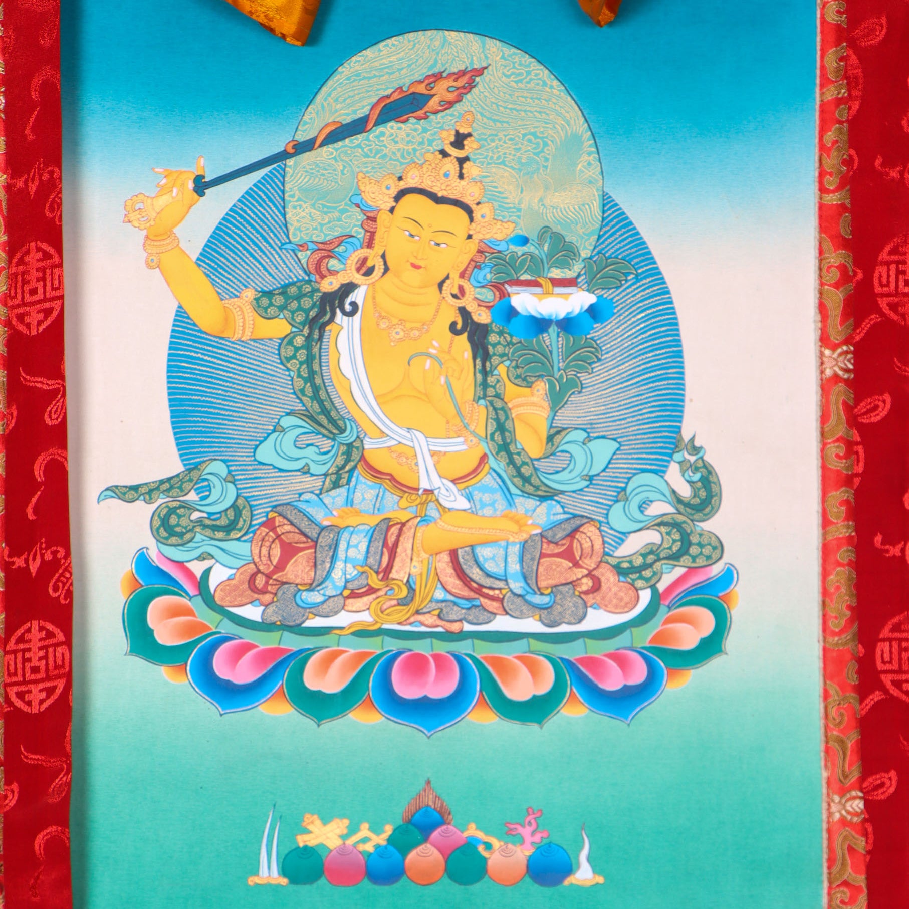 Manjushri Thangka Painting serves as an object of devotion and meditation.