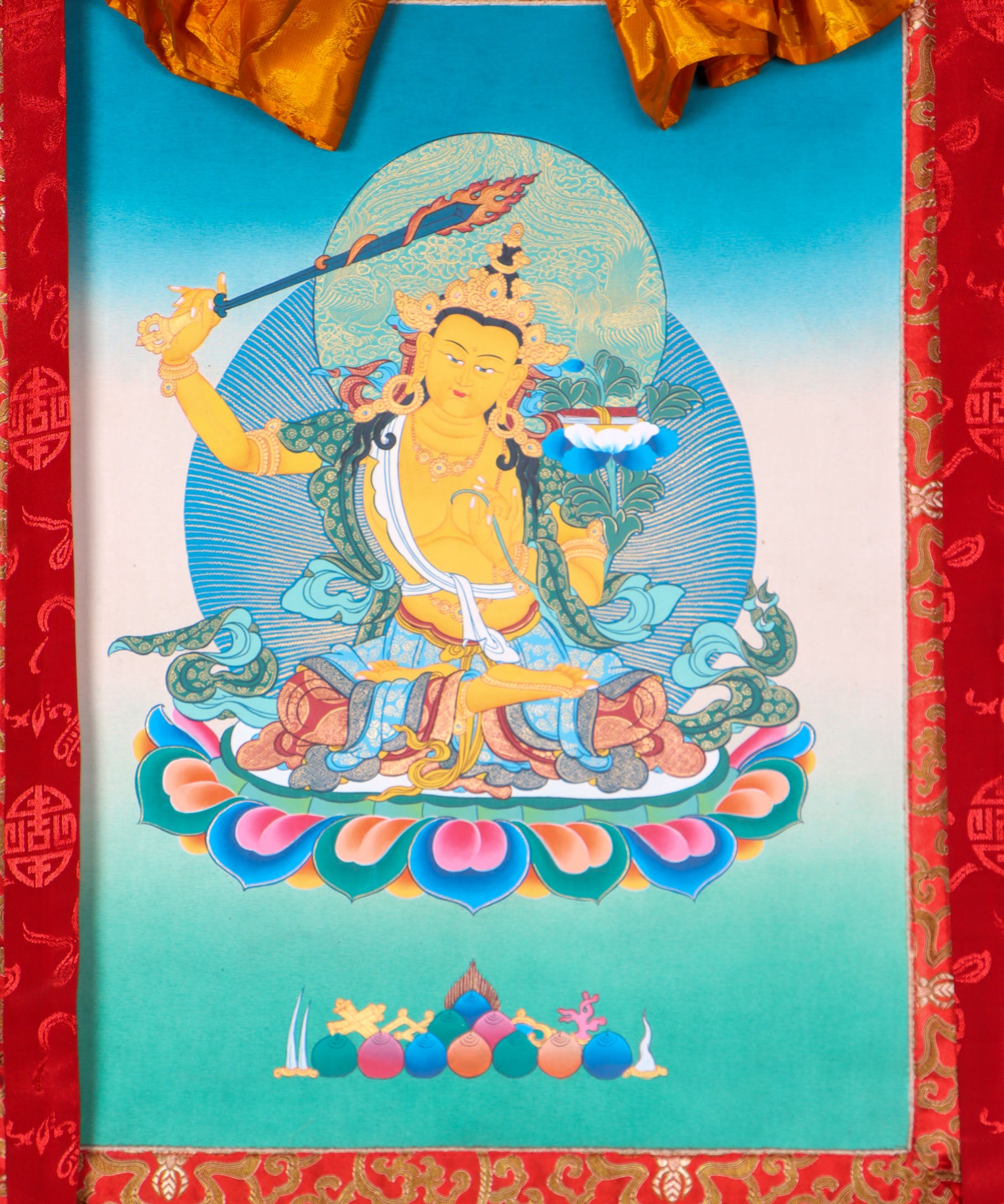 Manjushri Thangka Painting serves as an object of devotion and meditation.