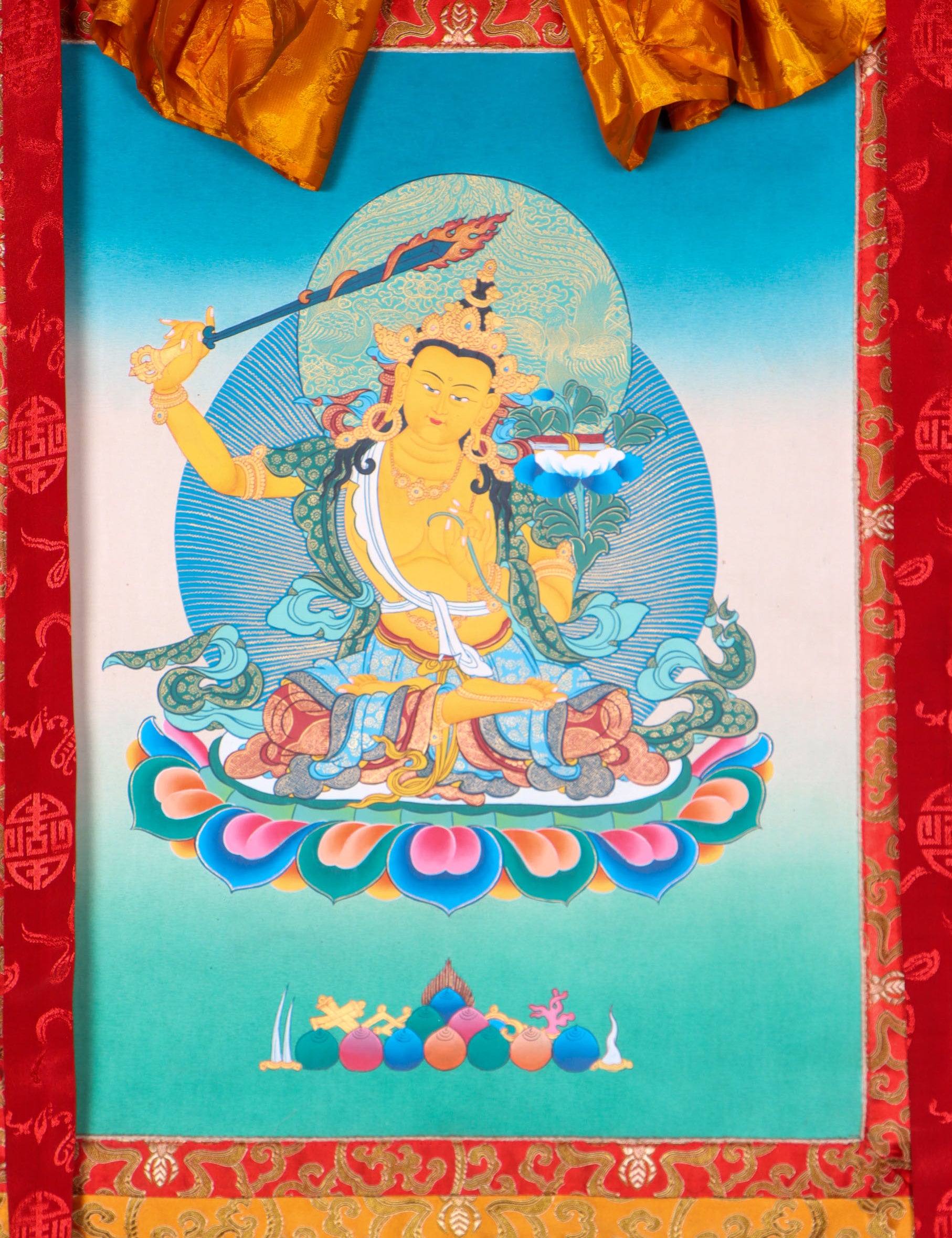 Manjushri Thangka Painting serves as an object of devotion and meditation.