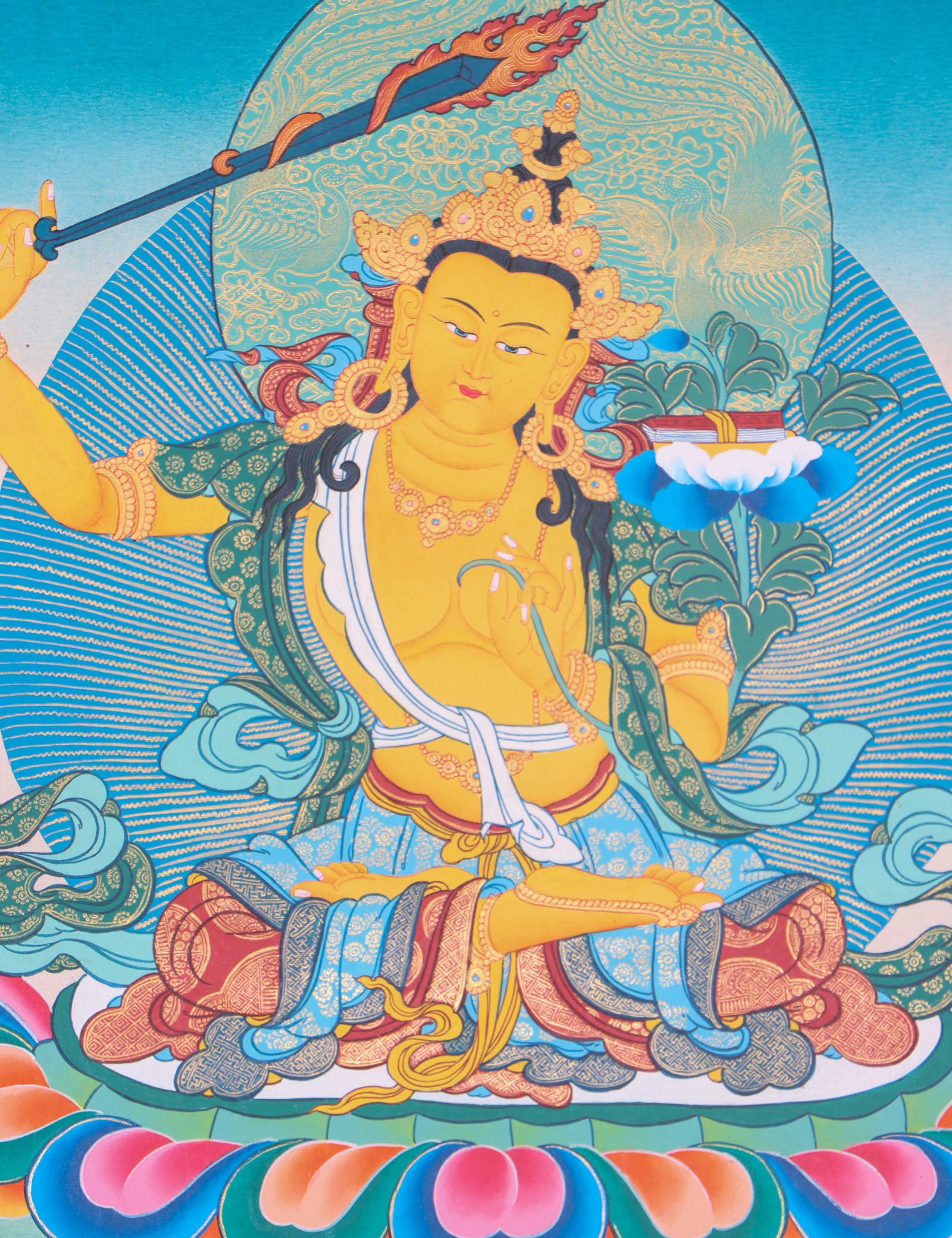 Manjushri Thangka Painting serves as an object of devotion and meditation.