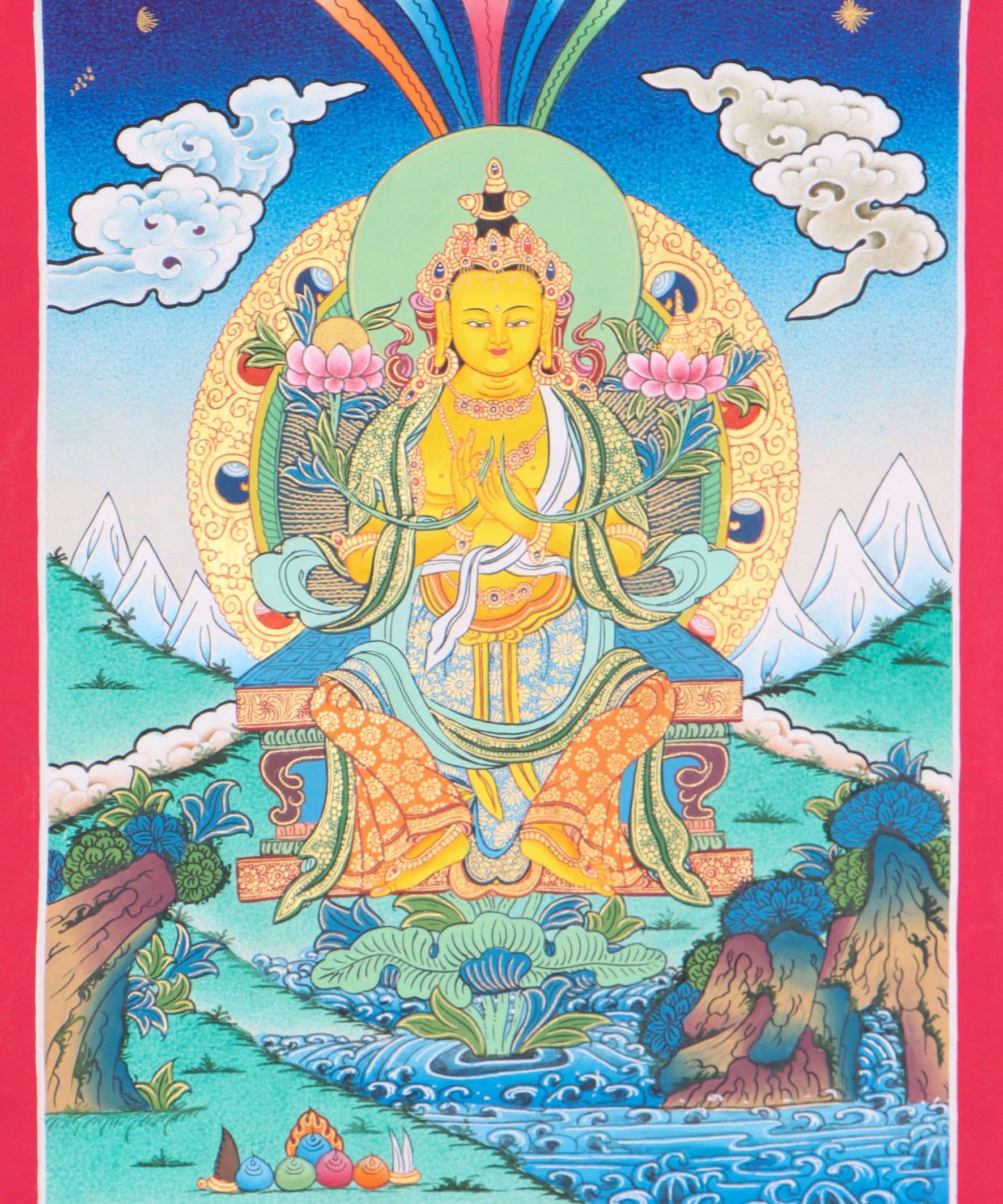 Maitreya Buddha Thangka Art is ideal for meditation and the development of physical and mental wellbeing.