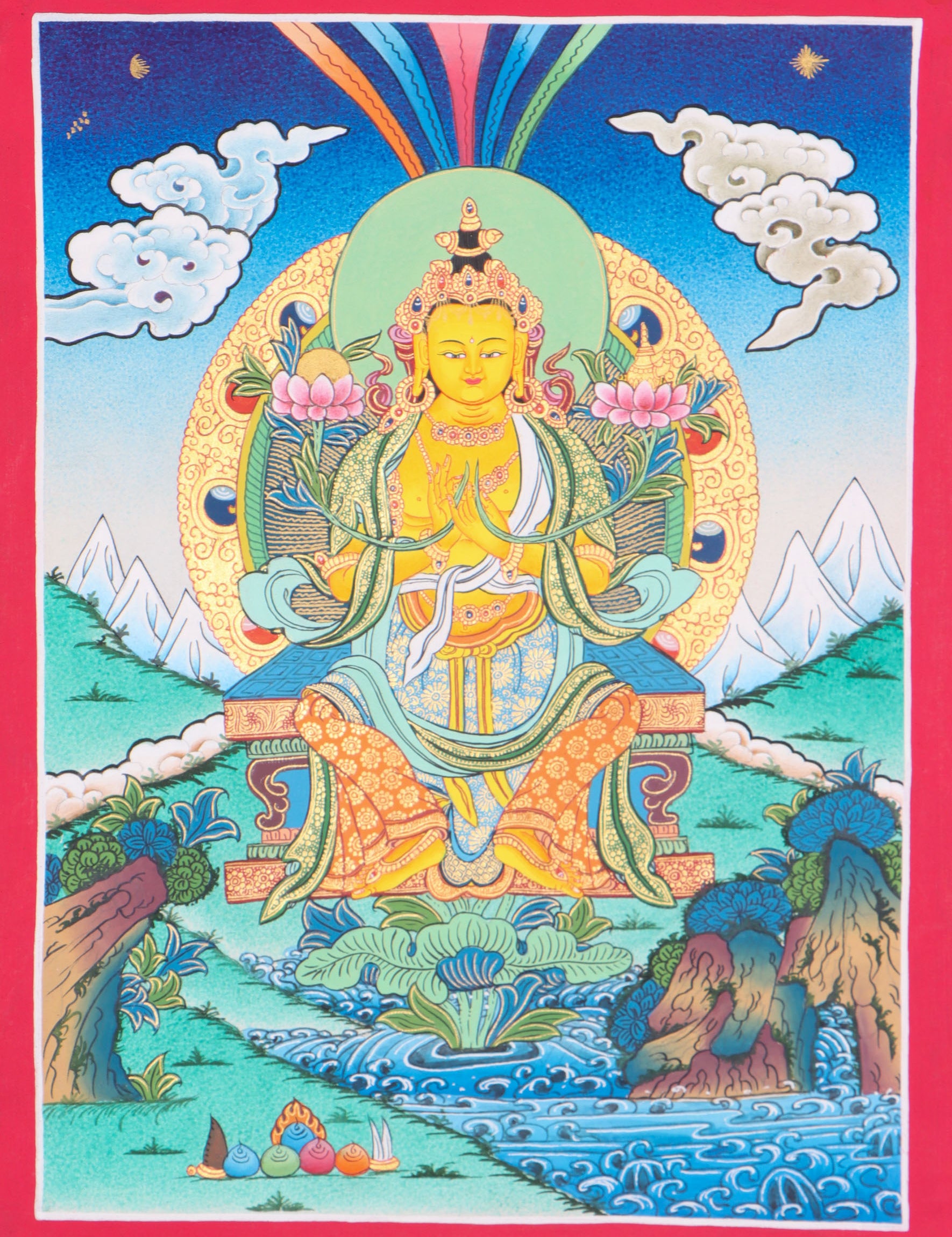 Maitreya Buddha Thangka Art is ideal for meditation and the development of physical and mental wellbeing.