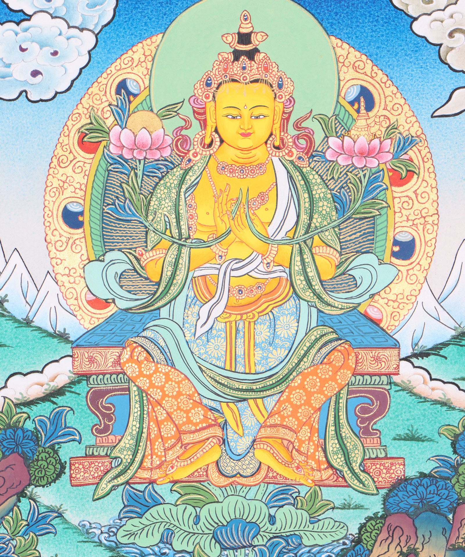 Maitreya Buddha Thangka Art is ideal for meditation and the development of physical and mental wellbeing.