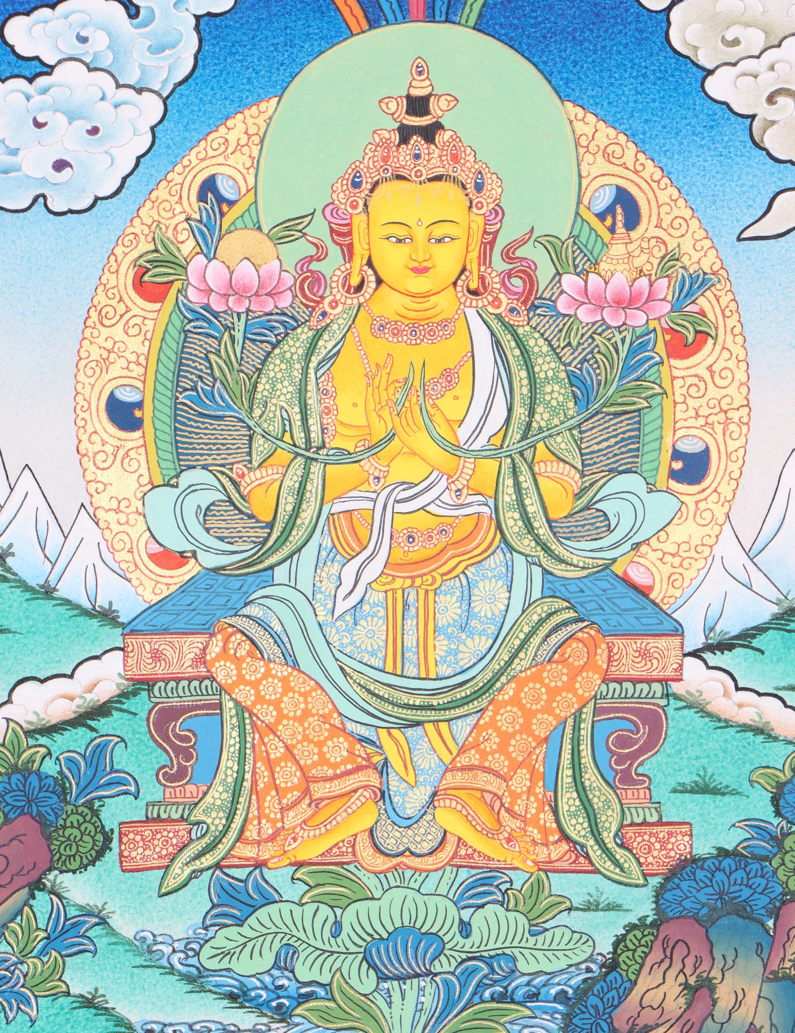 Maitreya Buddha Thangka Art is ideal for meditation and the development of physical and mental wellbeing.