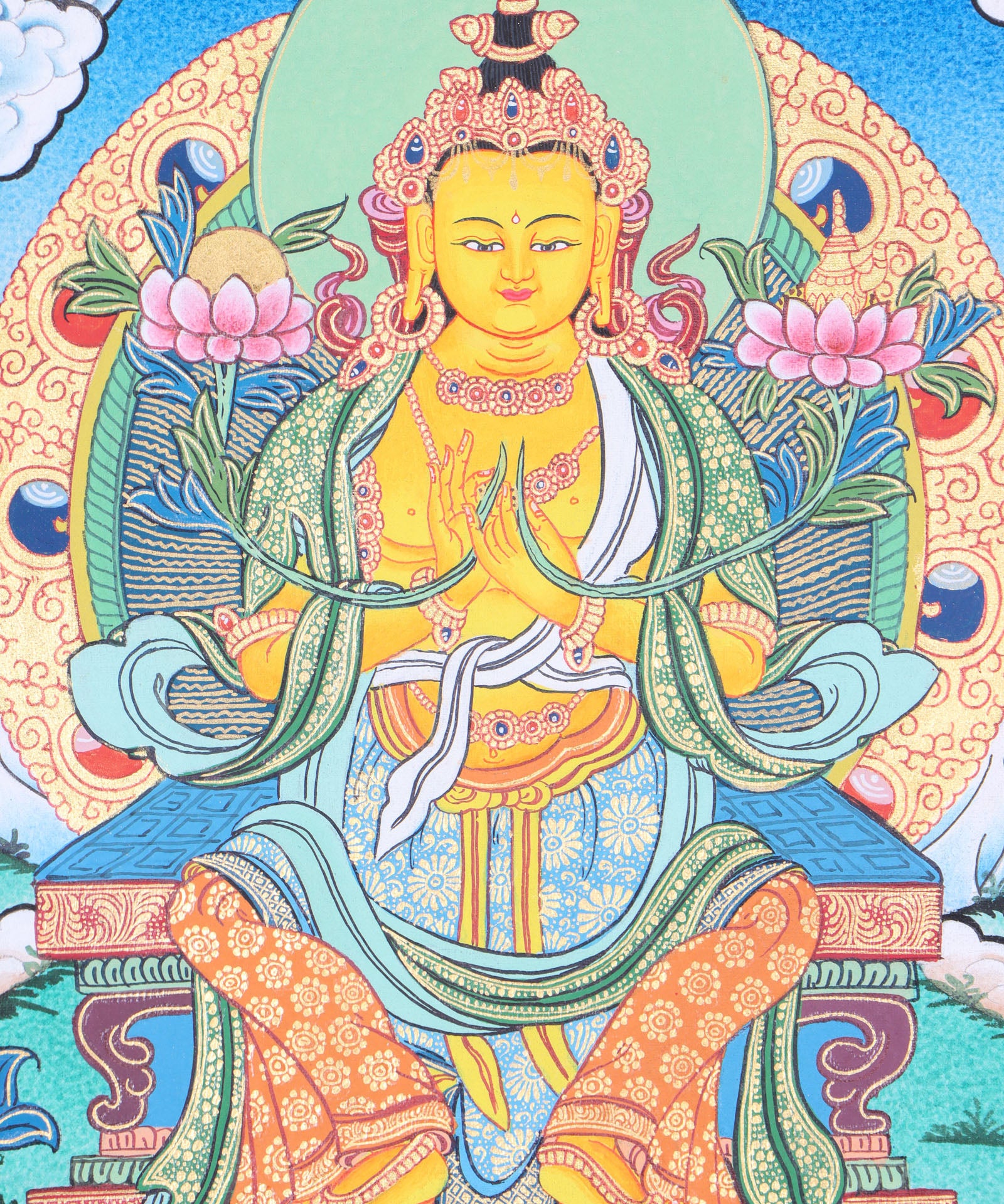 Maitreya Buddha Thangka Art is ideal for meditation and the development of physical and mental wellbeing.