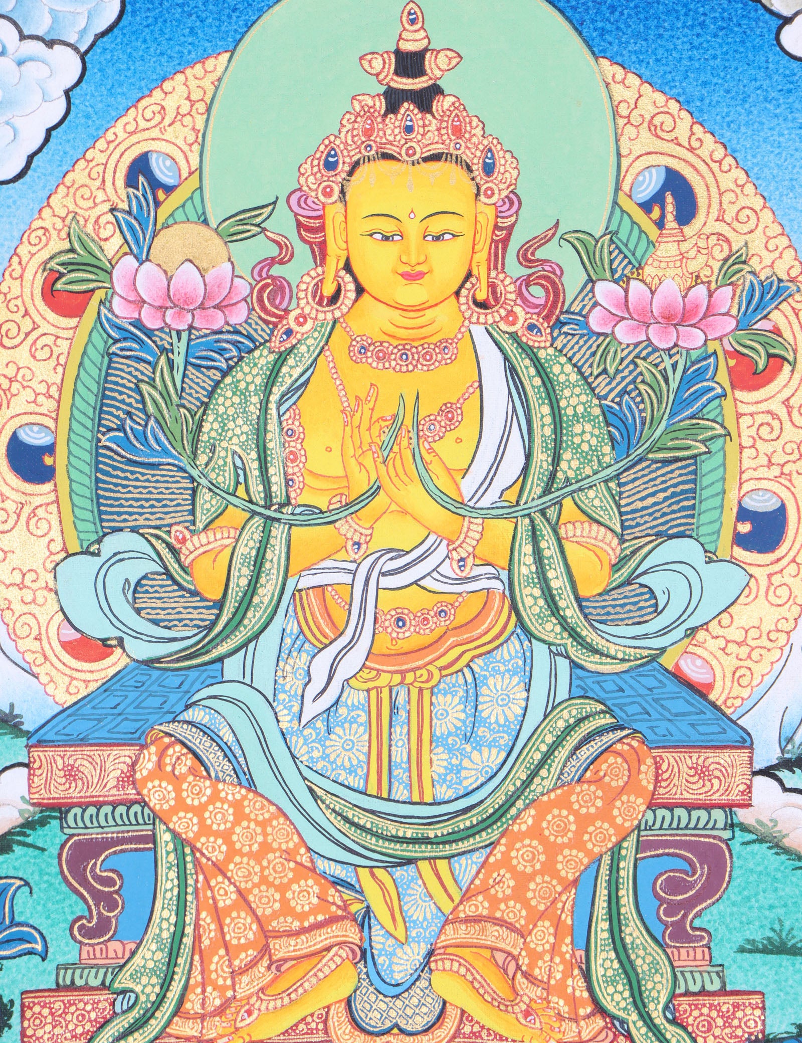 Maitreya Buddha Thangka Art is ideal for meditation and the development of physical and mental wellbeing.