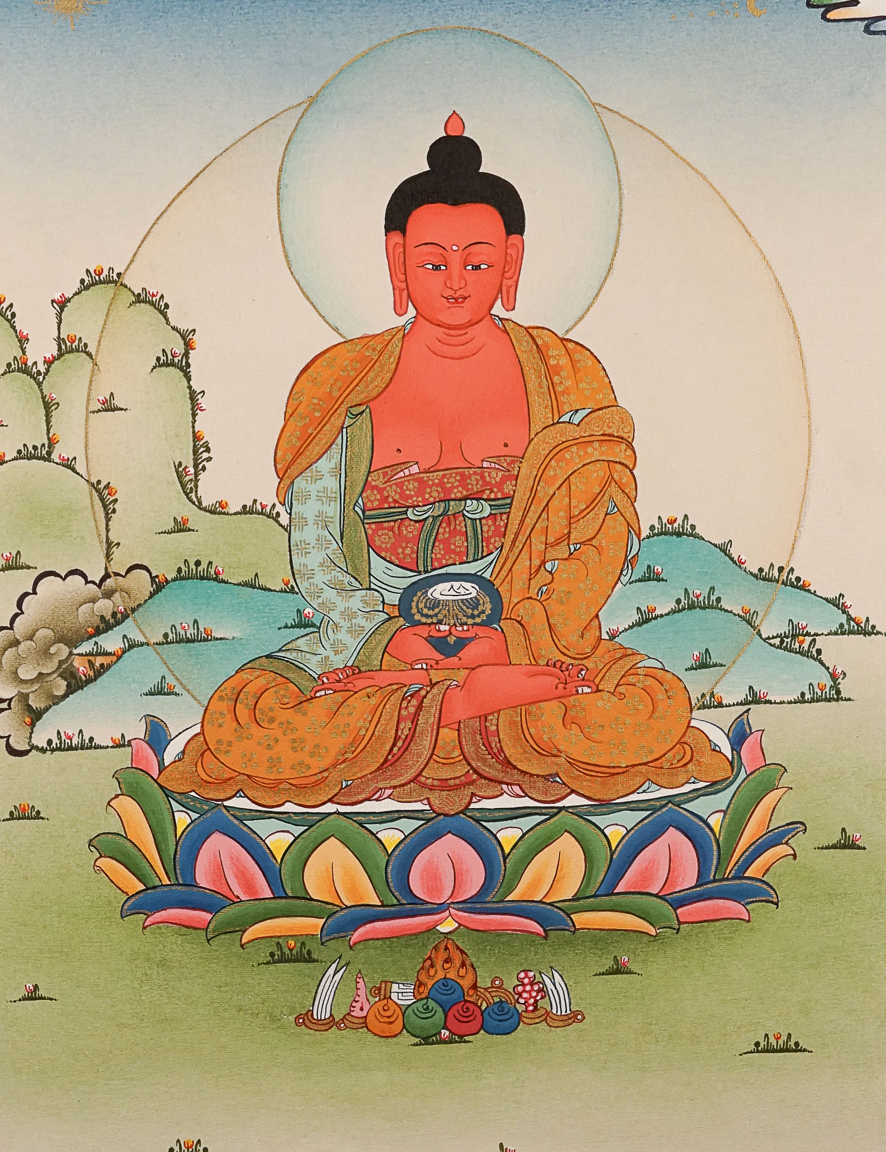 Amitabha Buddha Thangka painting for wall hanging decor.