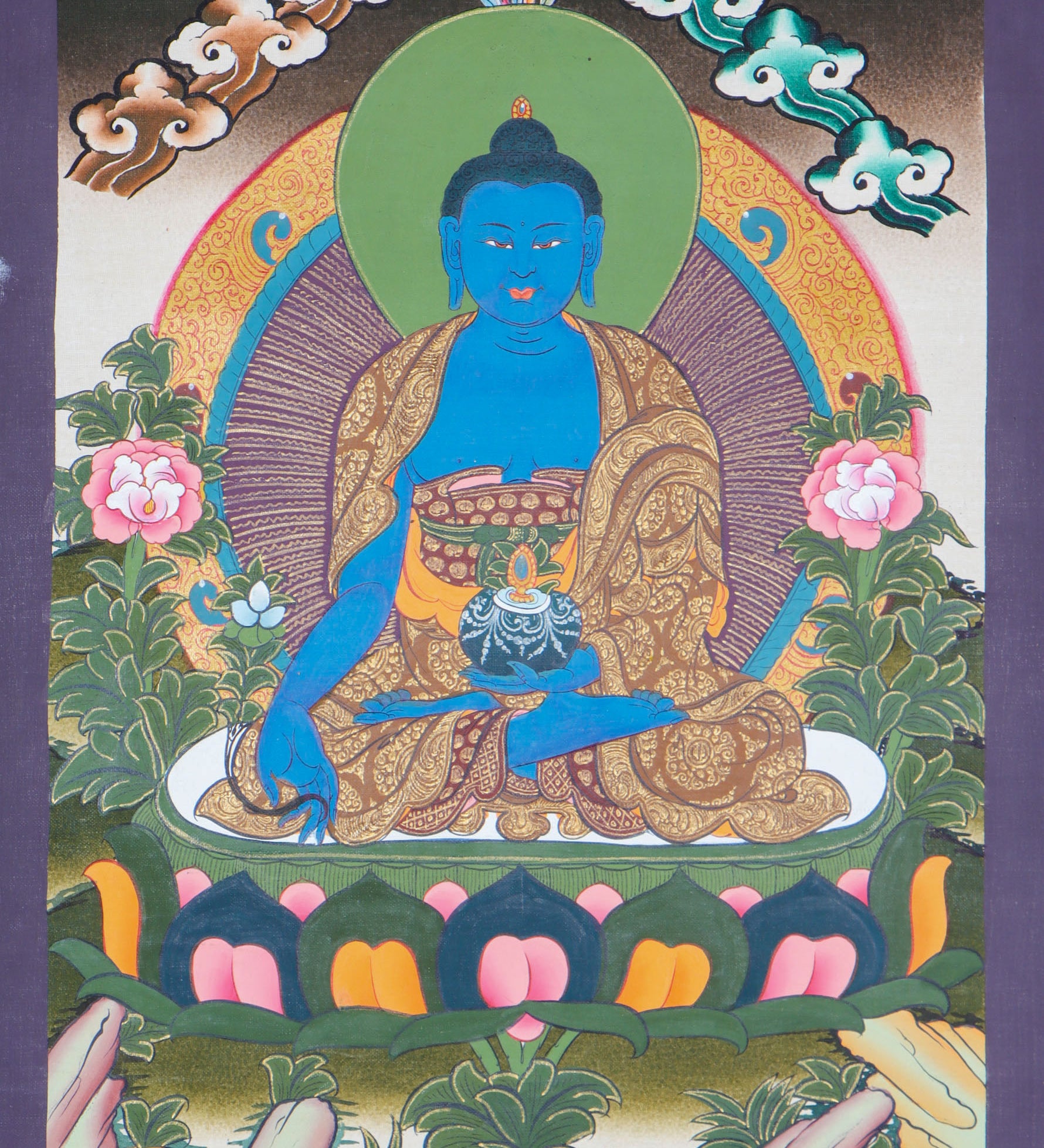  Medicine Buddha Thangka is meticulously hand-painted with vibrant colors. Himalayas Shop