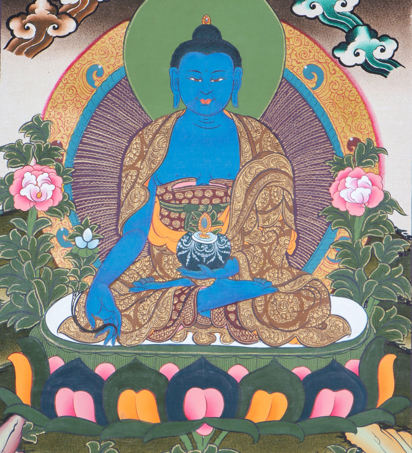 Medicine Buddha Thangka is meticulously hand-painted with vibrant colors. Himalayas Shop