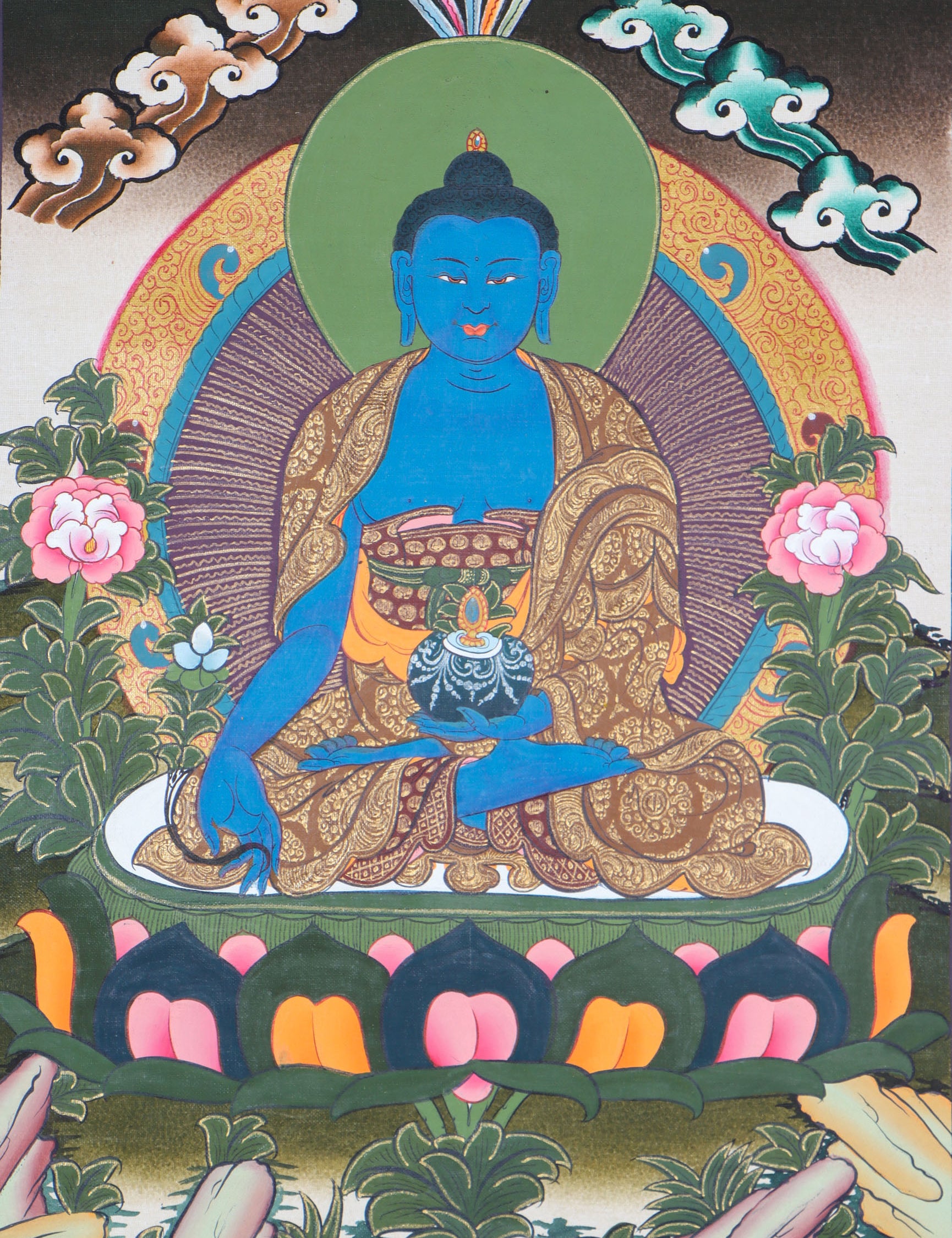 Medicine Buddha Thangka is meticulously hand-painted with vibrant colors. Himalayas Shop