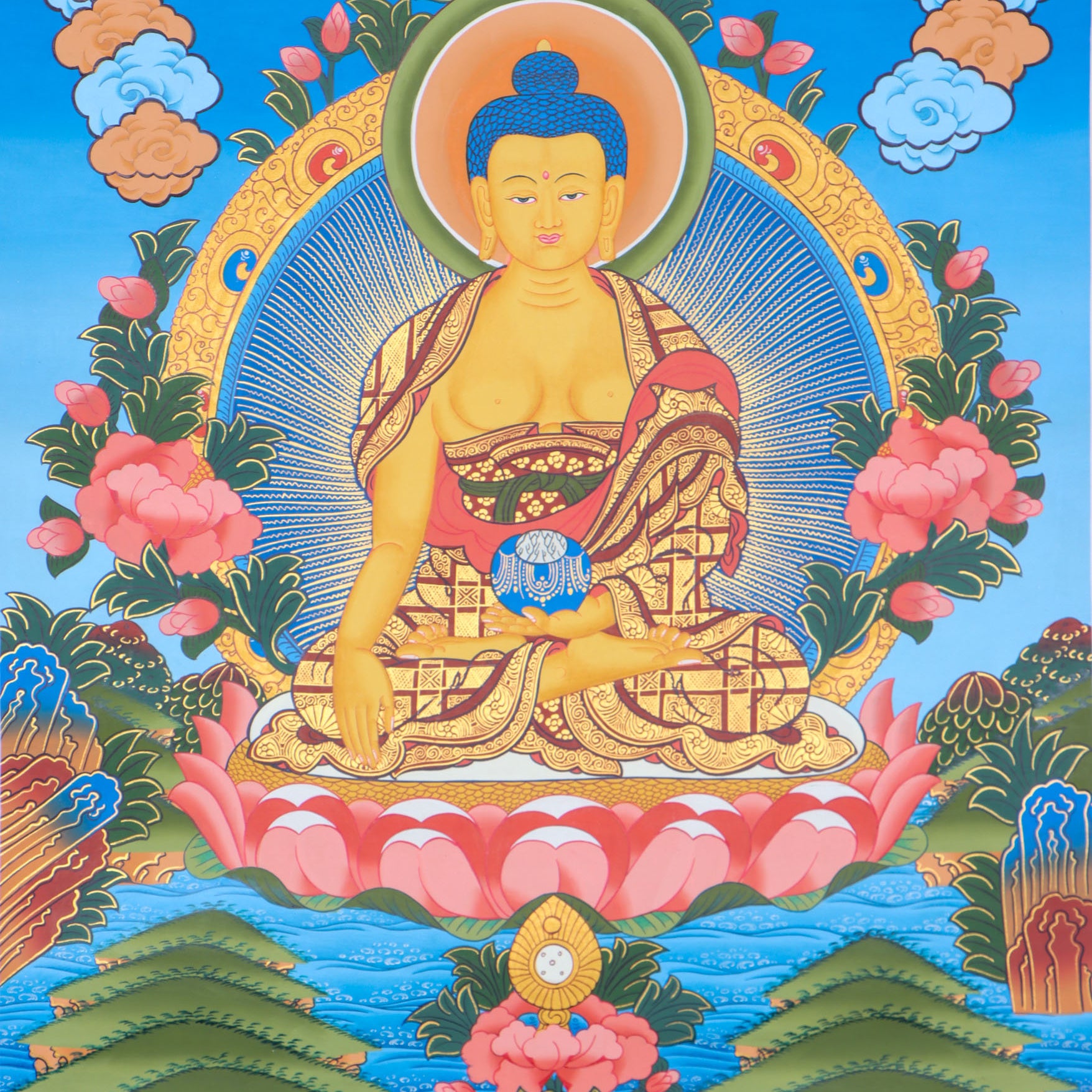 Shakyamuni Buddha thangka for alter space and prayer .