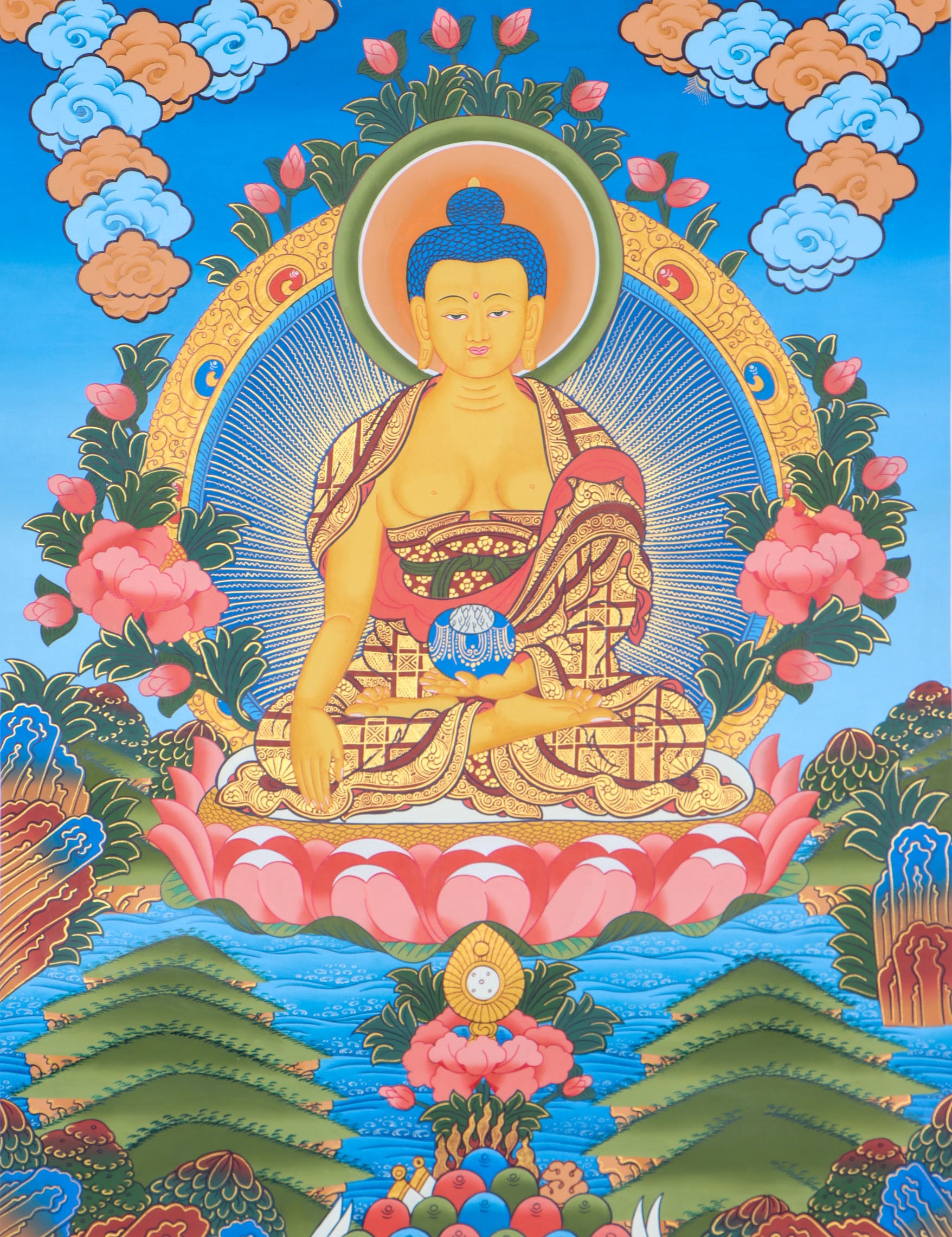 Shakyamuni Buddha thangka for alter space and prayer .