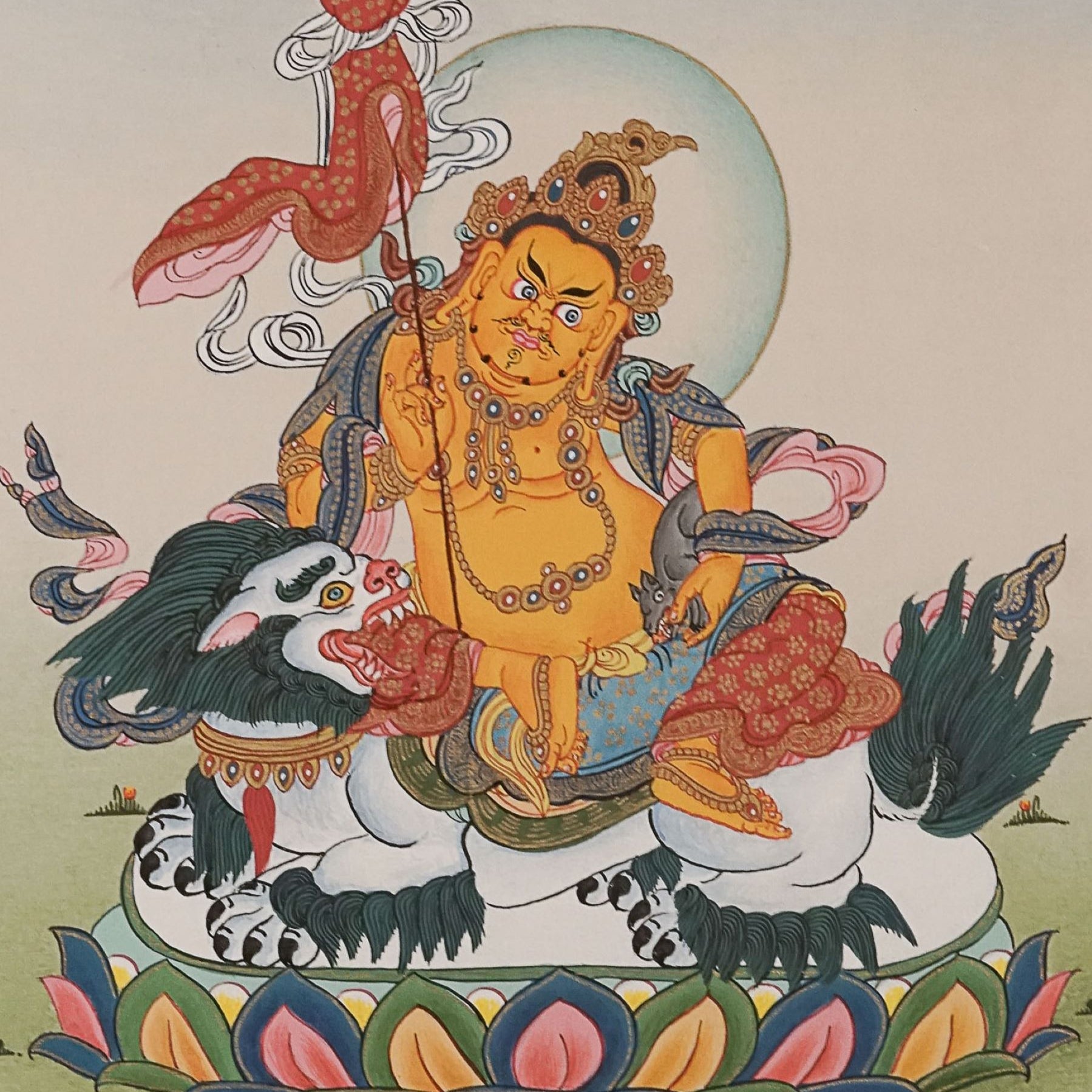 Handpainted Zambala Thangka Painting for wealth and prosperity.