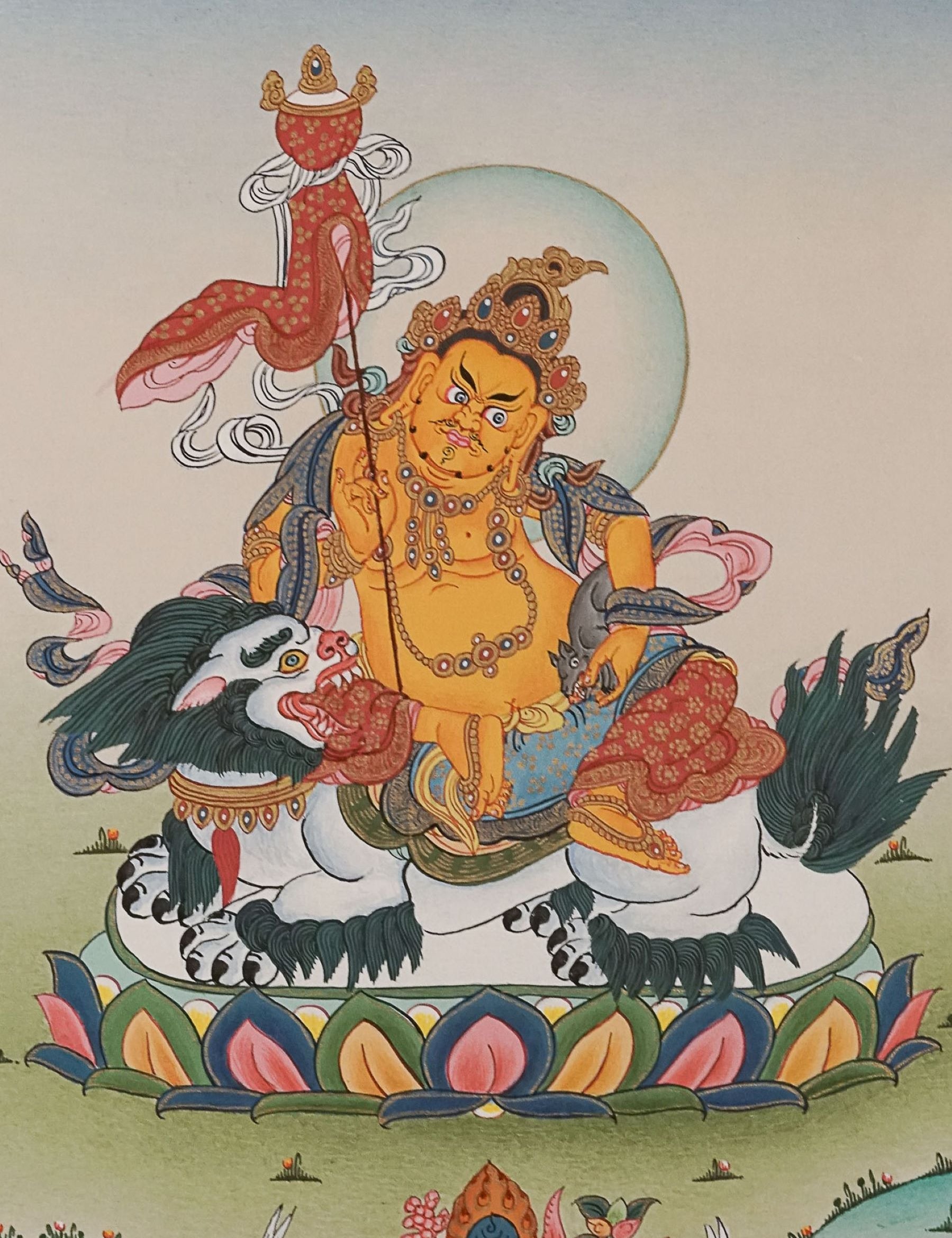 Handpainted Zambala Thangka Painting for wealth and prosperity.