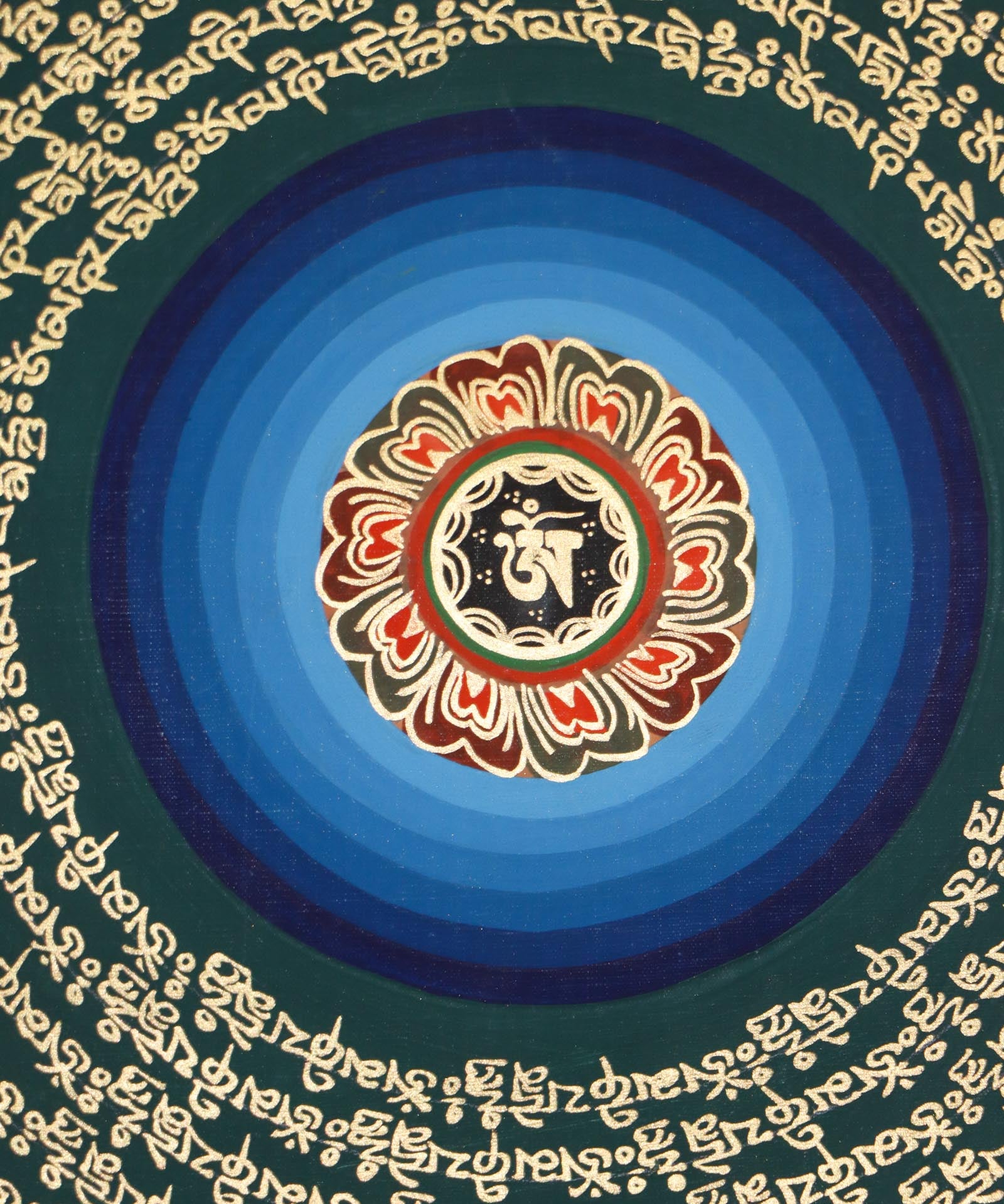 Mantra Mandala Thangka with 8 Auspicious Symbols of Tibetan Buddhism.