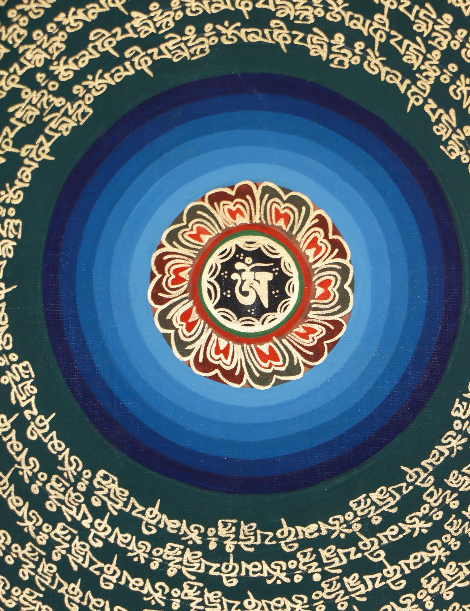 Mantra Mandala Thangka with 8 Auspicious Symbols of Tibetan Buddhism.