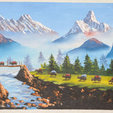 Oil Painting of Mount Everest with Beautiful Landscape of Yak grazing - Handpainted Art