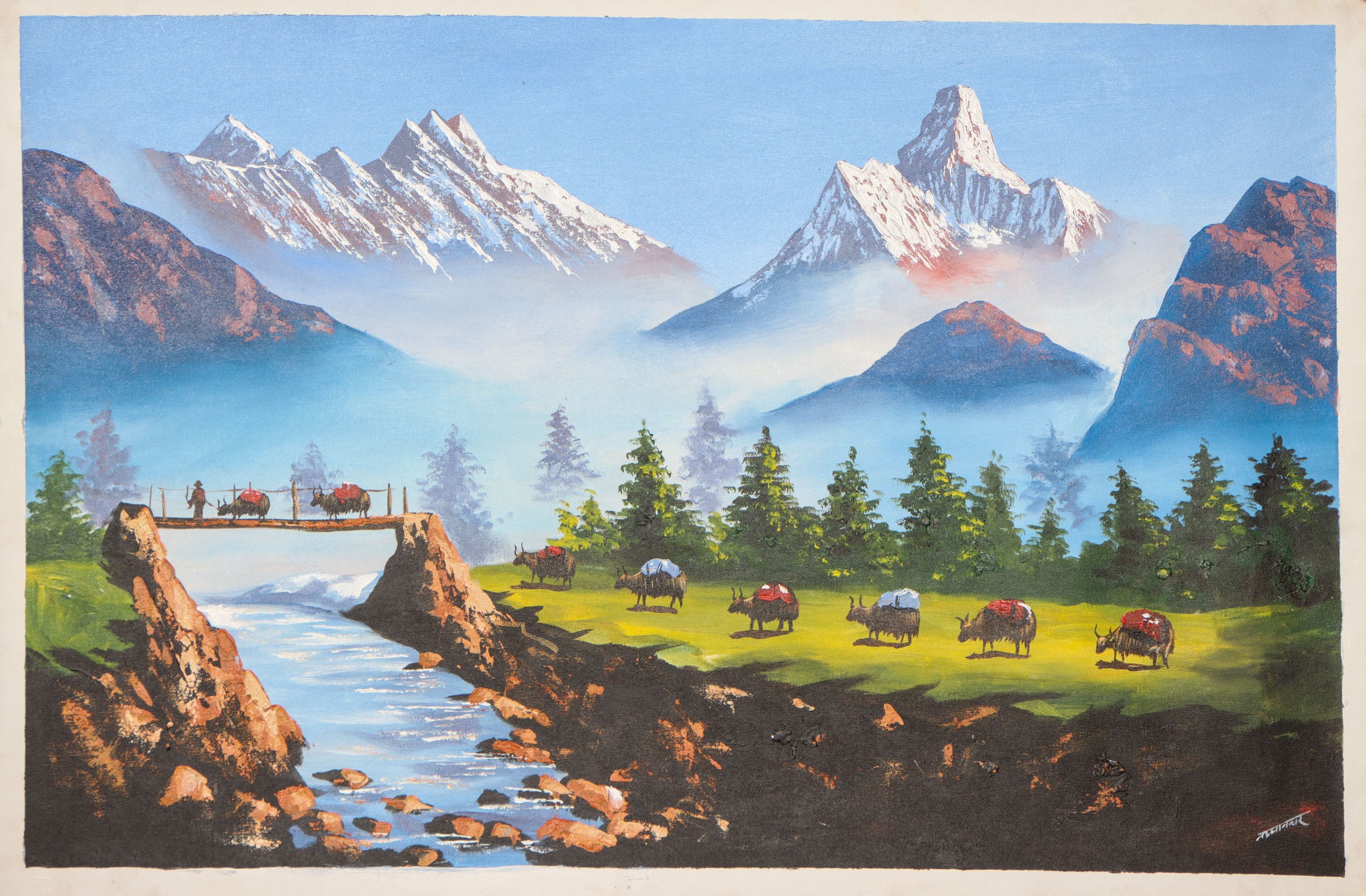 Oil Painting of Mount Everest with Beautiful Landscape of Yak grazing - Handpainted Art