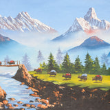 Oil Painting of Mount Everest with Beautiful Landscape of Yak grazing - Handpainted Art