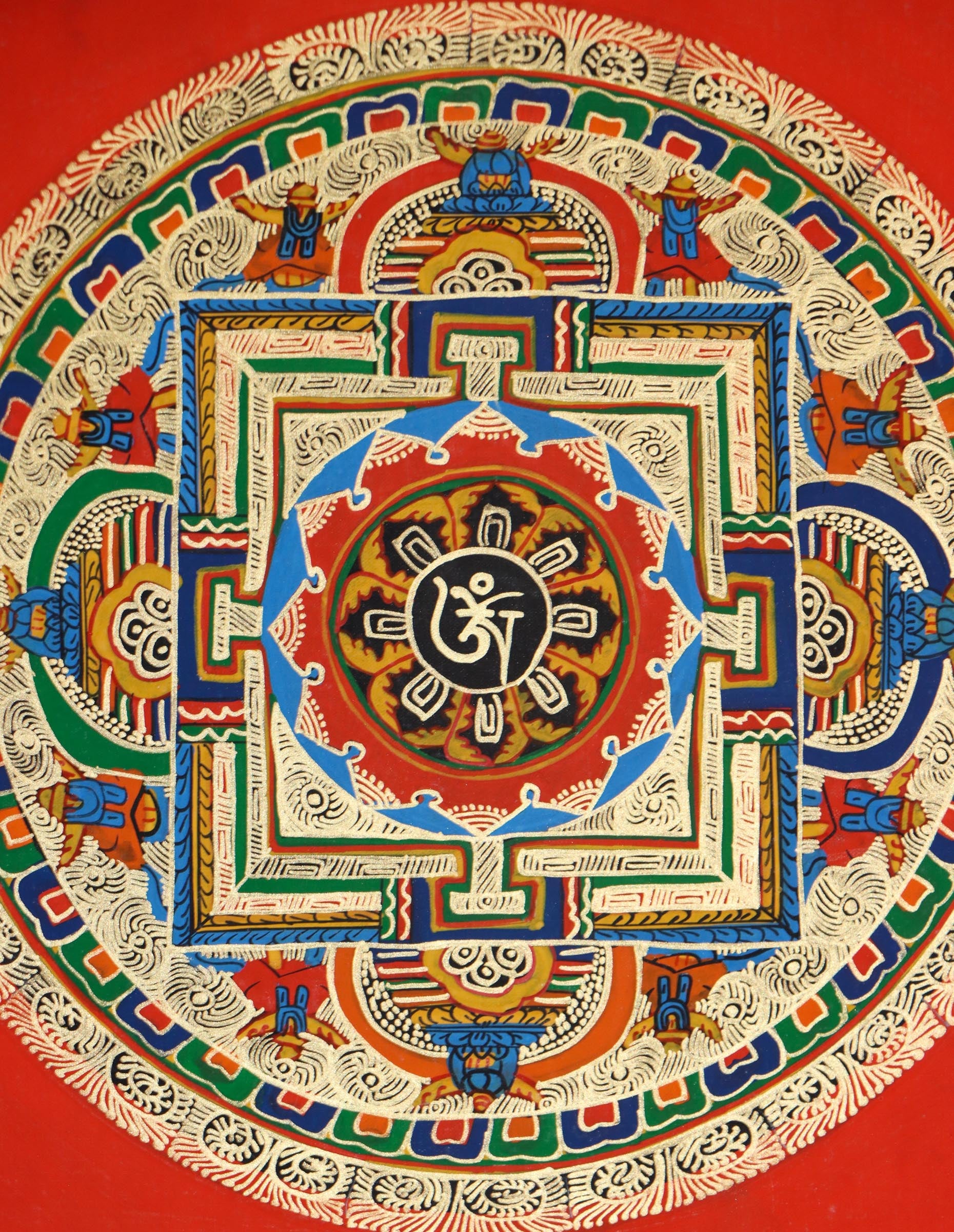 Round Mandala thangkas serve as a symbol of Buddhist teachings.