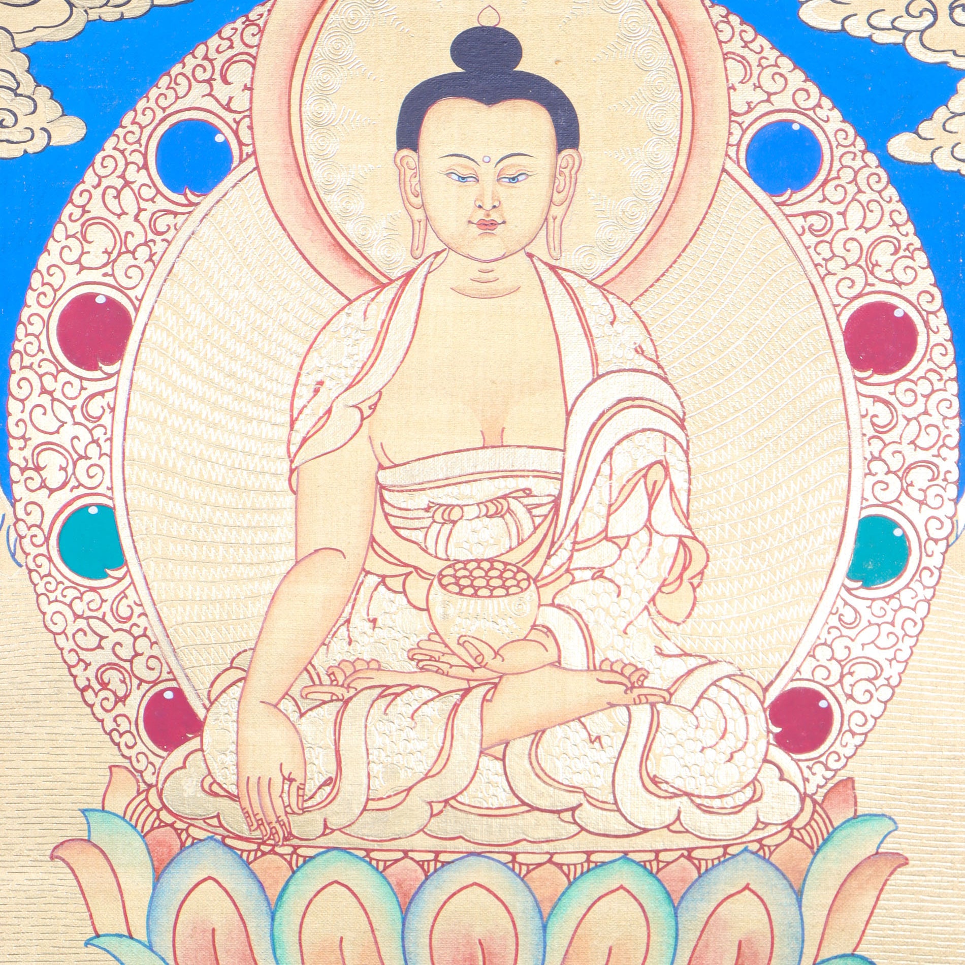 Shakyamuni Buddha Thangka promotes peace, devotion, and self-awareness.