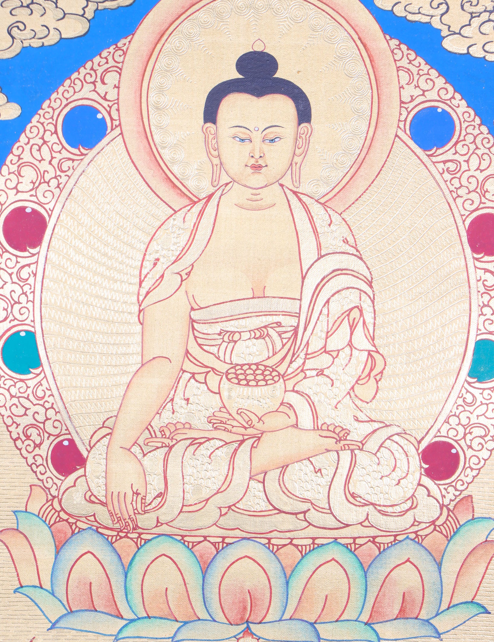 Shakyamuni Buddha Thangka promotes peace, devotion, and self-awareness.