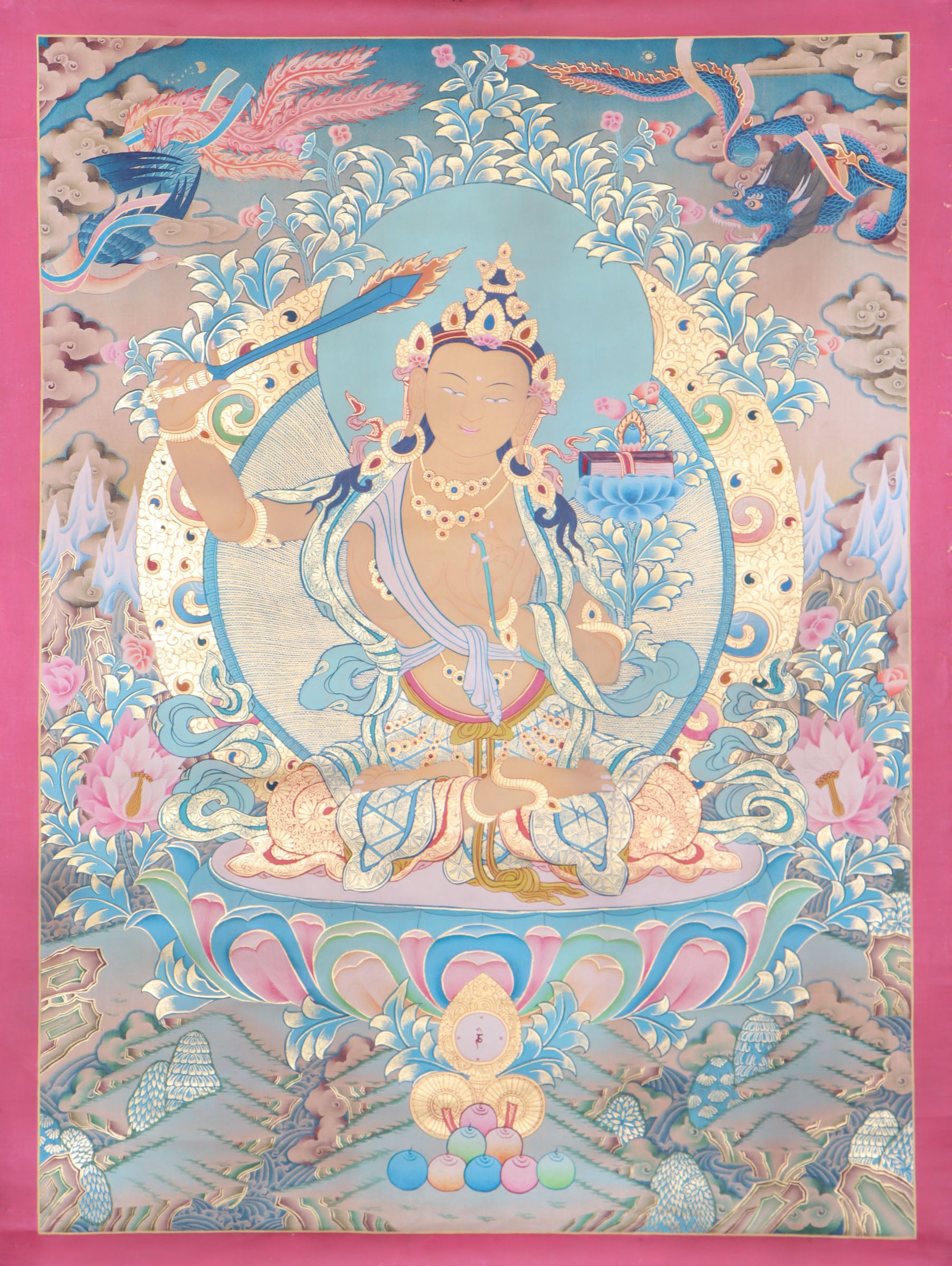 Manjushri Thangka art on pure gold| Himalayas Shop Collection