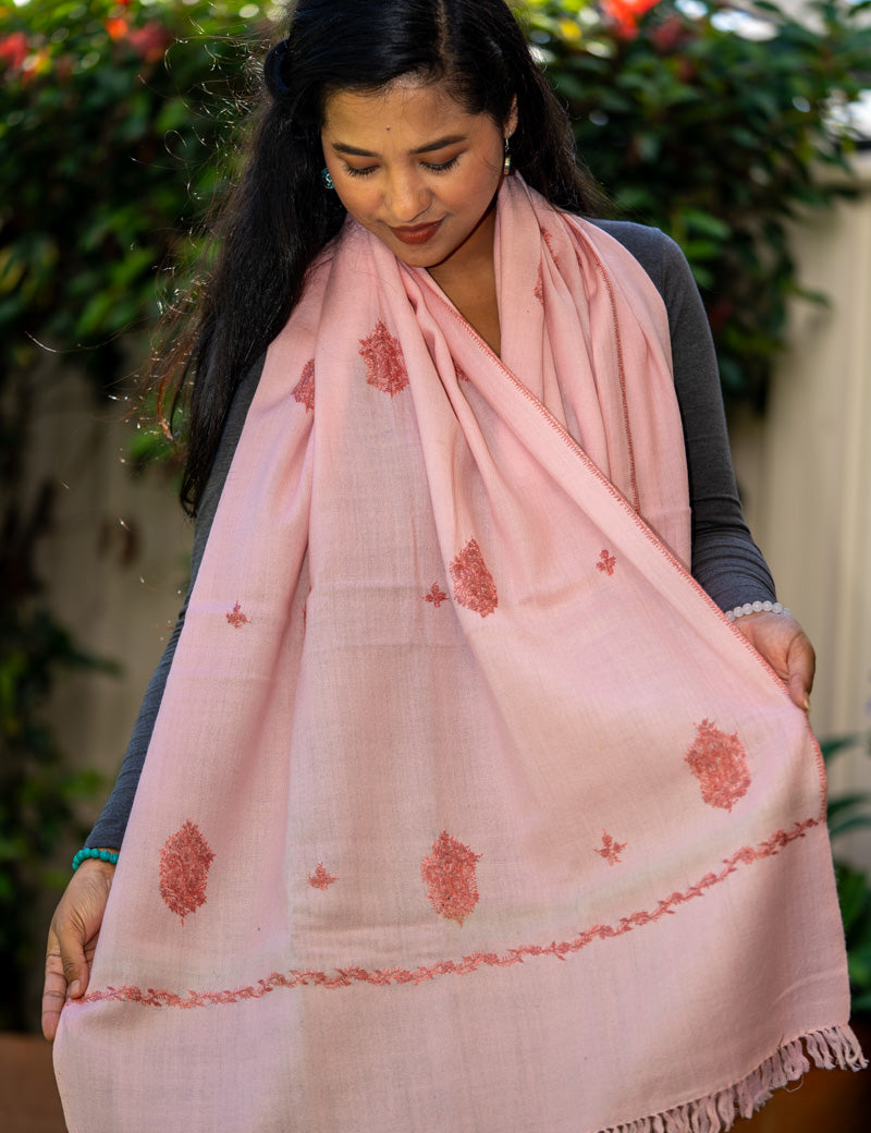 Light Pink Embroidery Pashmina Shawl- Handwoven shawl