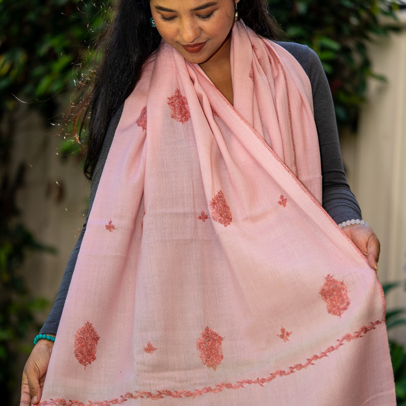 Light Pink Embroidery Pashmina Shawl- Handwoven shawl