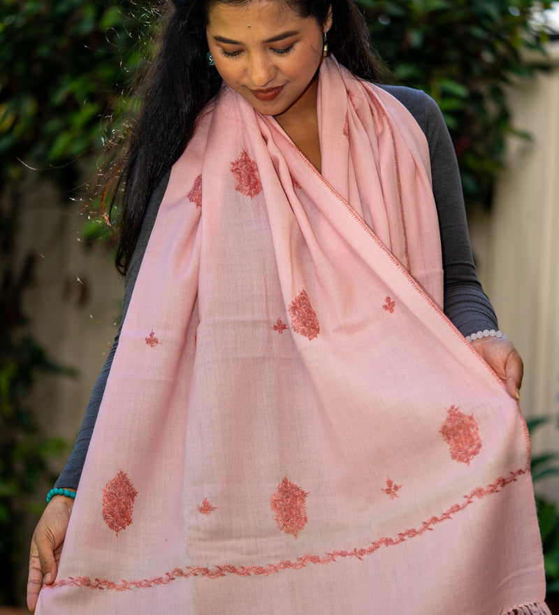 Light Pink Embroidery Pashmina Shawl- Handwoven shawl