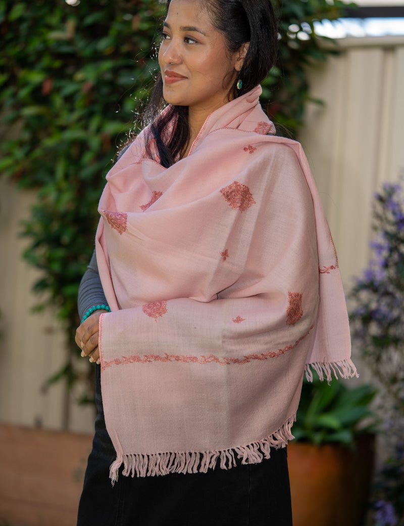 Light Pink Embroidery Pashmina Shawl- Handwoven shawl