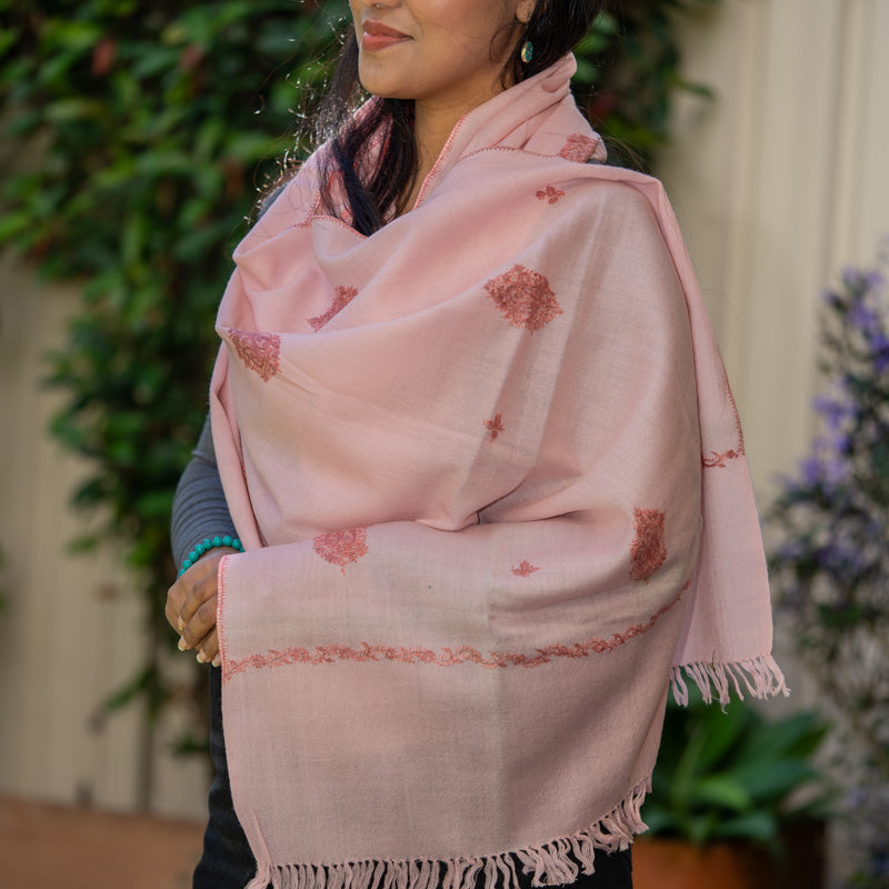 Light Pink Embroidery Pashmina Shawl- Handwoven shawl