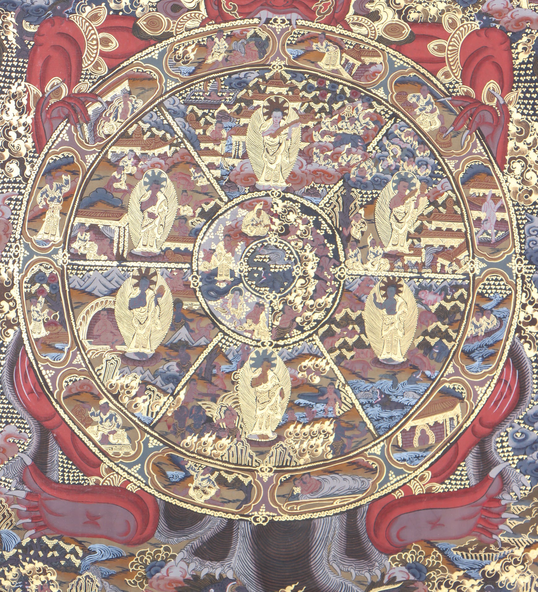 The Wheel of Life thangka illuminates Buddhism's suffering, impermanence, and liberation.